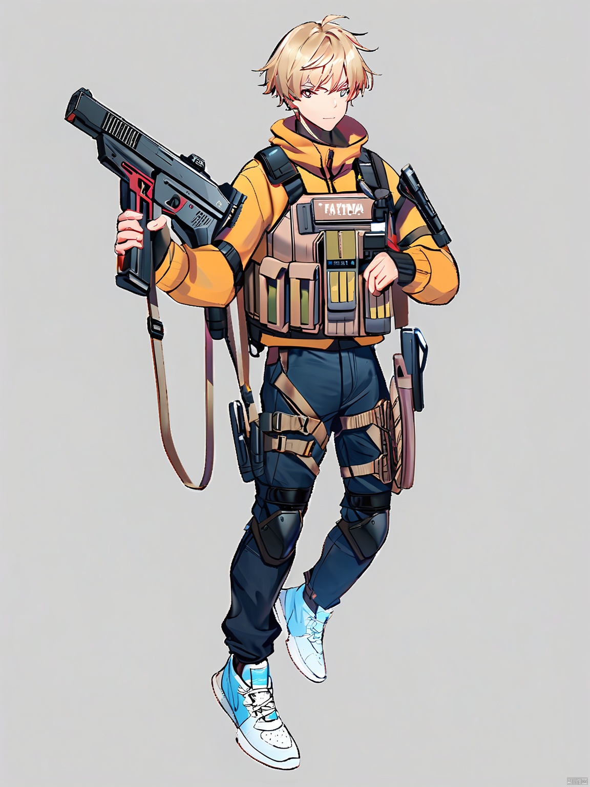 JSLH, A boy with short, sandy blonde hair, wears a mix of tactical gear and streetwear, including a padded vest with pockets filled with gadgets. He clutches a futuristic grappling hook launcher, ready to spring into action. His sneakers have built-in spring mechanisms for enhanced jumps.