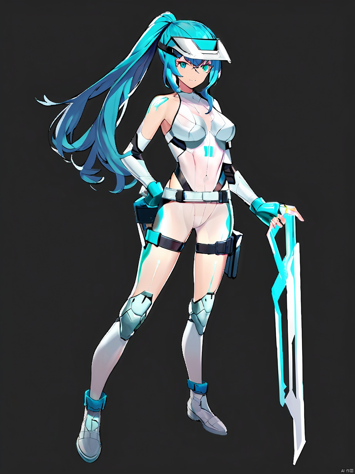 JSLH, A girl with wavy, teal-colored hair tied back in a high ponytail, sports a sleek, white and chrome armor suit with transparent visors. She holds a dual-wielded pair of plasma swords, her stance ready for action. Her eyes are sharp and alert, her expression serious. She wears sleek, form-fitting boots.