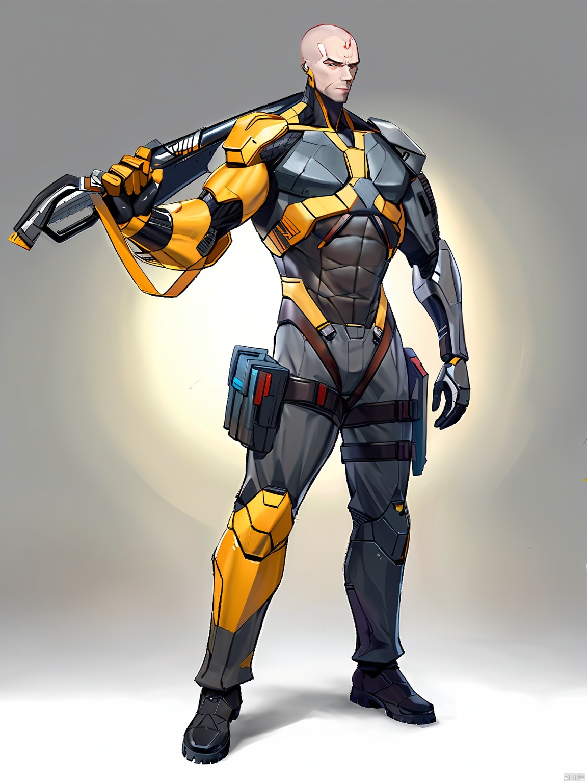 JSLH, A muscular male with shaved head and cybernetic implants, dressed in a heavy-duty suit of dark grey and gold, standing with a mechanical staff. His strength is emphasized by the stark white setting.