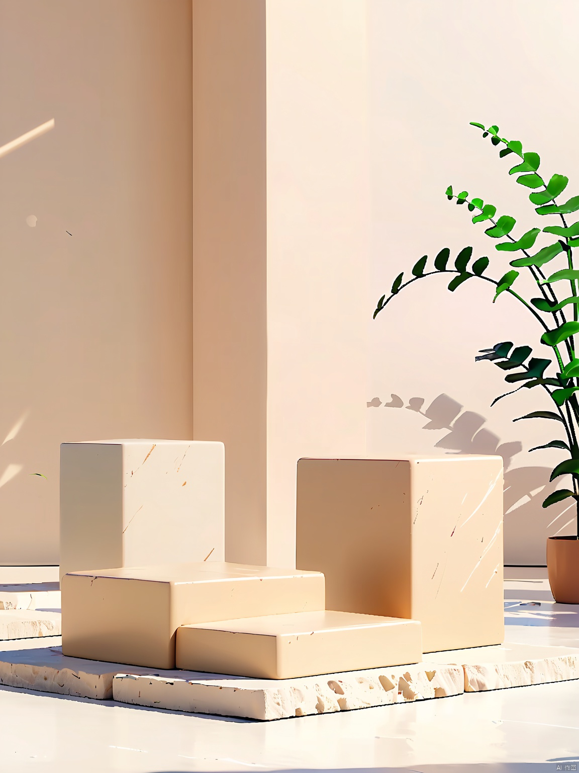 DSZT,E-commerce booth, High-quality photograph of a minimalist, modern still life setup featuring two white, textured stone blocks and a delicate, beige orchid with slender, green stems. The composition uses the rule of thirds, with the blocks and orchid positioned against a soft, beige background. The lighting is soft and diffused, likely from natural light, creating a serene and calming atmosphere. The depth of field is shallow, keeping the background slightly blurred. The camera used is likely a Canon EOS 5D Mark IV, with an aperture of f/4, shutter speed of 1/125 sec, and ISO 200. The overall aesthetic quality of the image is very high.