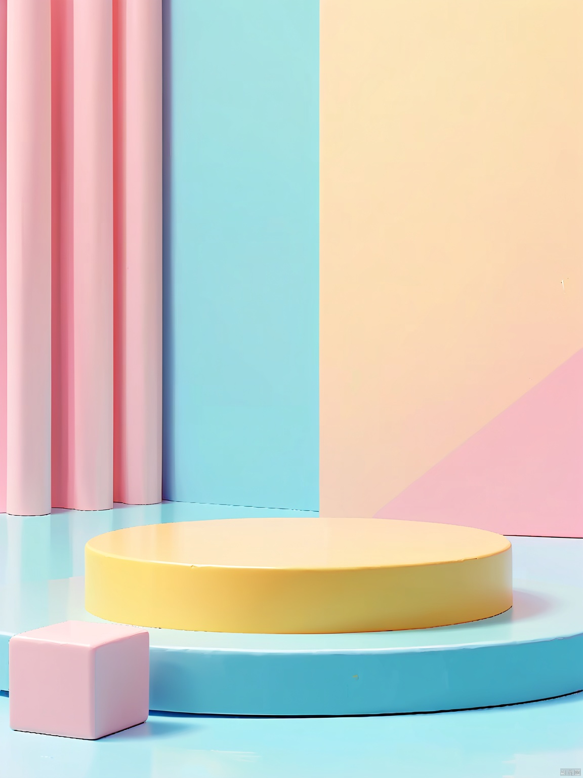 DSZT,E-commerce booth, High quality, minimalist 3D-rendered image of a pastel-colored stage with a pink circular platform, yellow border, and soft blue background. The stage is placed centrally, with three pastel-colored cubes in the background, one large blue cube and two smaller ones. The lighting is soft and diffused, creating a gentle, serene atmosphere. The composition uses symmetry and the rule of thirds. The background is in focus, and the image has a shallow depth of field. The aesthetic quality is very high.