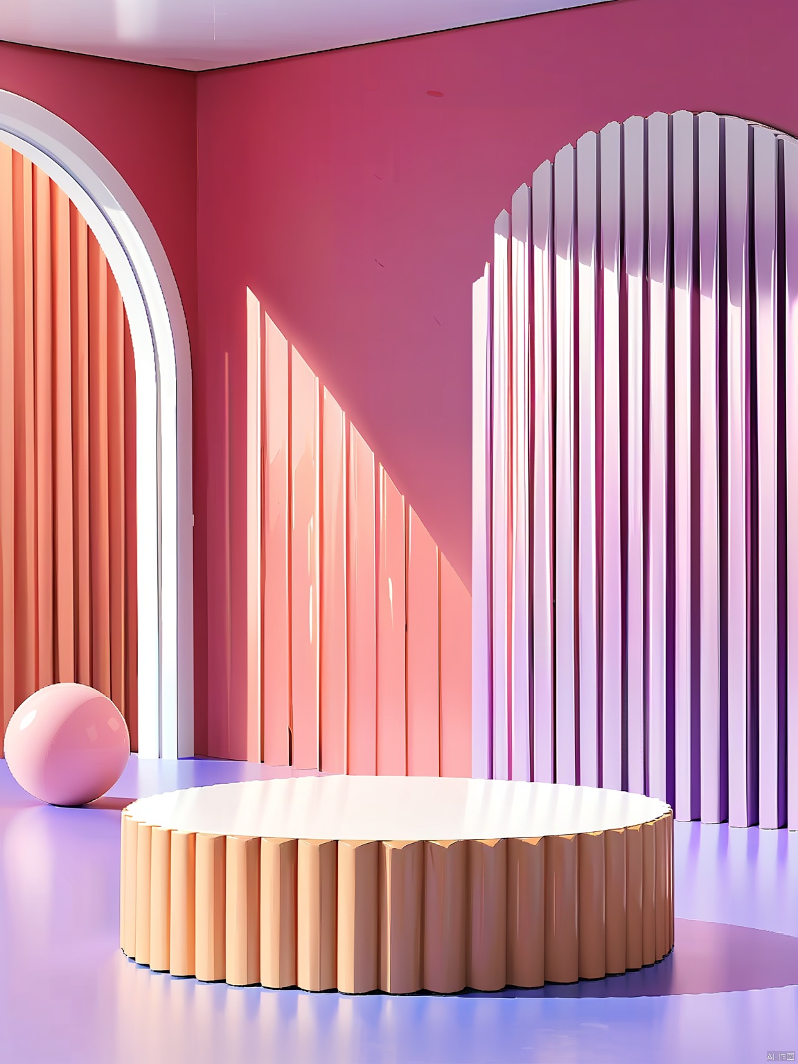DSZT,E-commerce booth, Photograph of a minimalist, modern interior with a very high aesthetic quality. The image features a round, pink table with a white top and a matching pink base, positioned in the foreground. Behind the table, there are two vertical, floor-to-ceiling windows with white blinds. The blinds allow natural light to filter through, creating soft shadows on the light purple walls. The composition uses symmetry and leading lines to draw the eye towards the center. The depth of field is shallow, with the background slightly blurred. The lighting is natural, likely from the windows. The photo was likely taken with a DSLR camera, using a wide aperture (around f/2.8), a fast shutter speed (around 1/200s), and a low ISO (around 100).