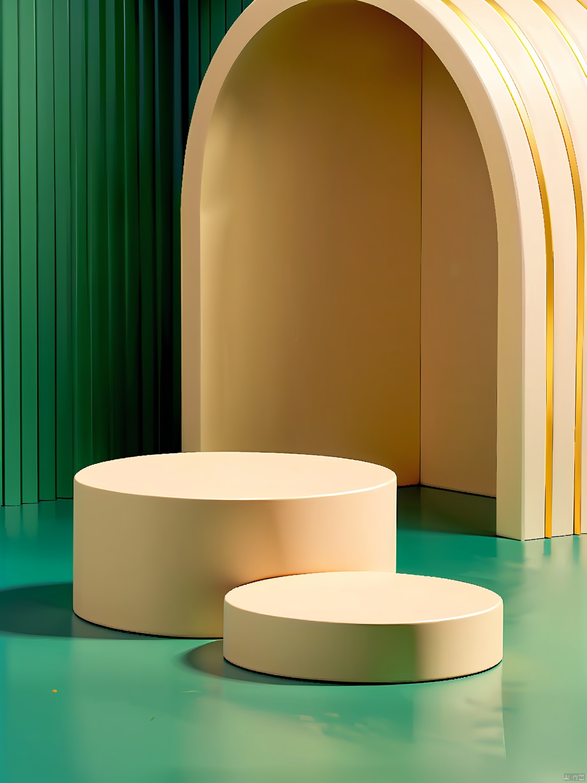 DSZT,E-commerce booth, Photo of a minimalist, modern art installation featuring three circular, beige concrete platforms stacked in a pyramid formation, set against a vertical, dark green, striped wall backdrop. The lighting is soft and even, likely using natural light, with no harsh shadows. The composition uses symmetry and the rule of thirds. The background is in focus, with a shallow depth of field. The aesthetic quality is high. The image was likely taken with a DSLR camera, using a medium aperture setting (around f/8), a moderate shutter speed, and a low ISO.