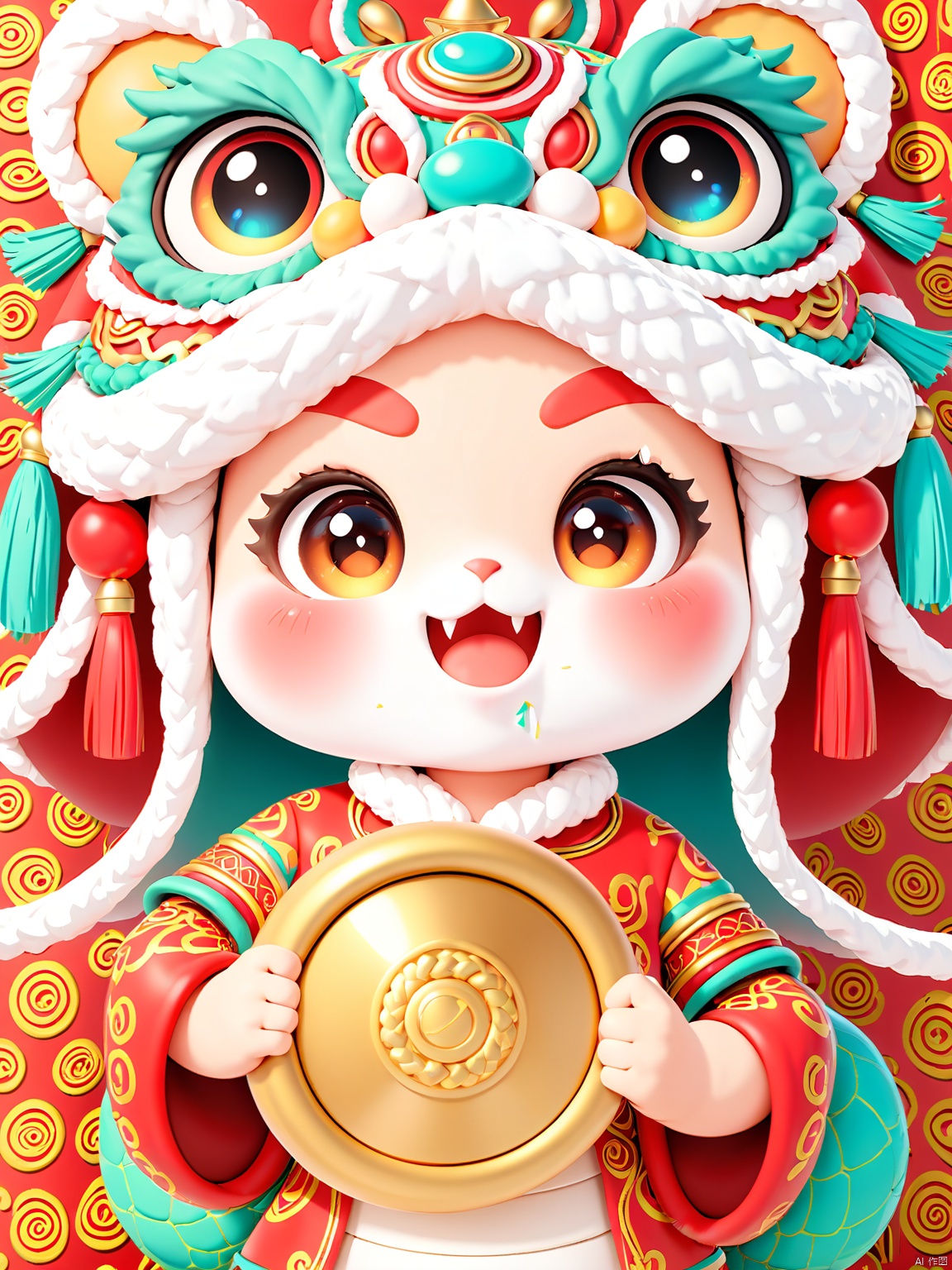 SNIP, The background is white, Meet the turquoise snake donned in a stunning African dashiki. The snake has vibrant, expressive eyes and a joyful demeanor, gripping a turquoise and gold drum in its right hand. The dashiki features an intricate, colorful pattern, and boasts turquoise and gold embroidered accents, detailed with crimson and silver threads.