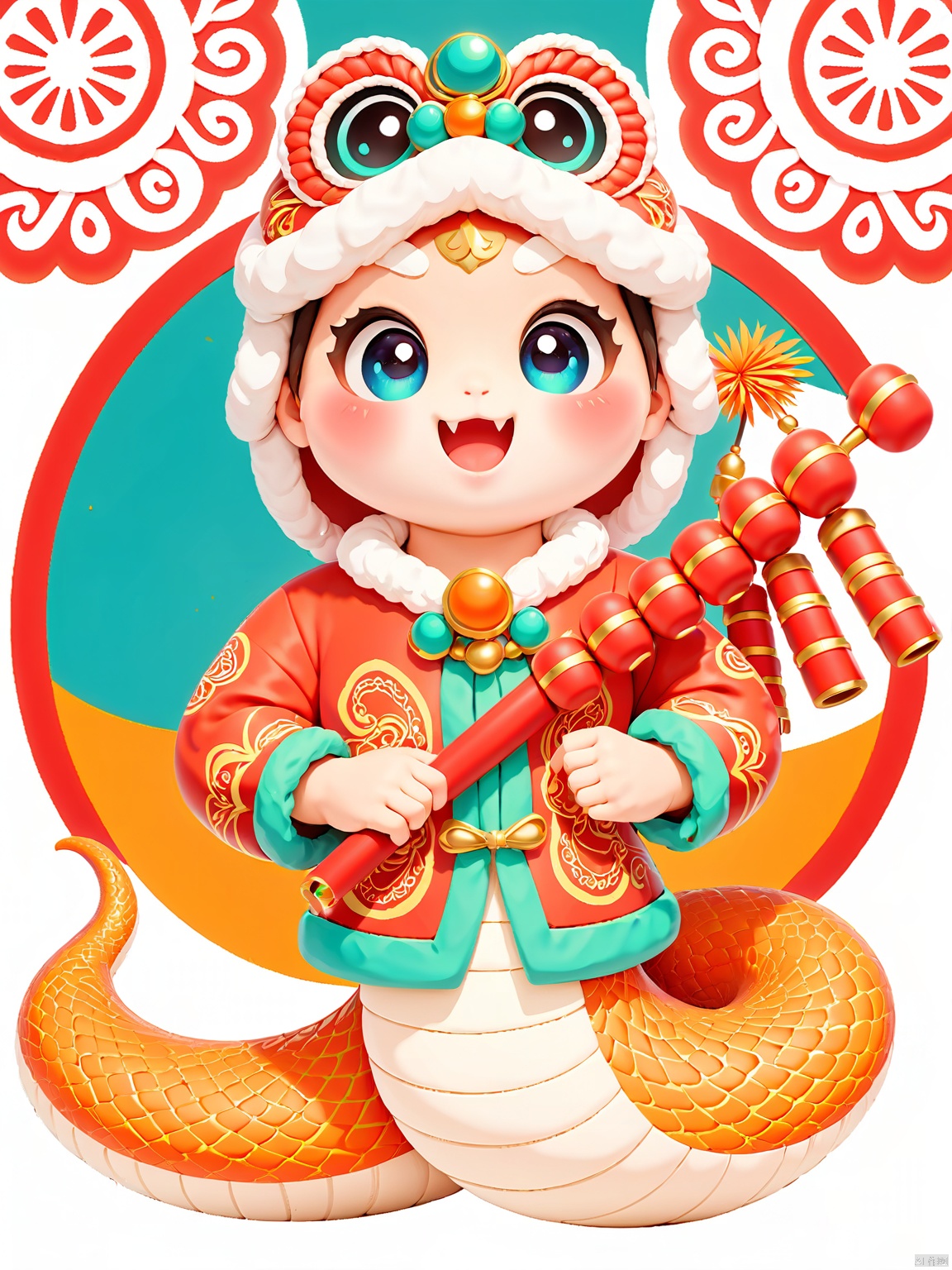 SNIP, The background is white, Introducing the teal snake dressed in a stunning Indonesian batik-inspired outfit. The snake boasts intelligent, observant eyes and a composed expression, carrying a bamboo flute painted in teal and coral hues in its right hand. The ensemble is bordered with orange silk, and showcases intricate batik patterns in shades of teal, gold, and crimson.