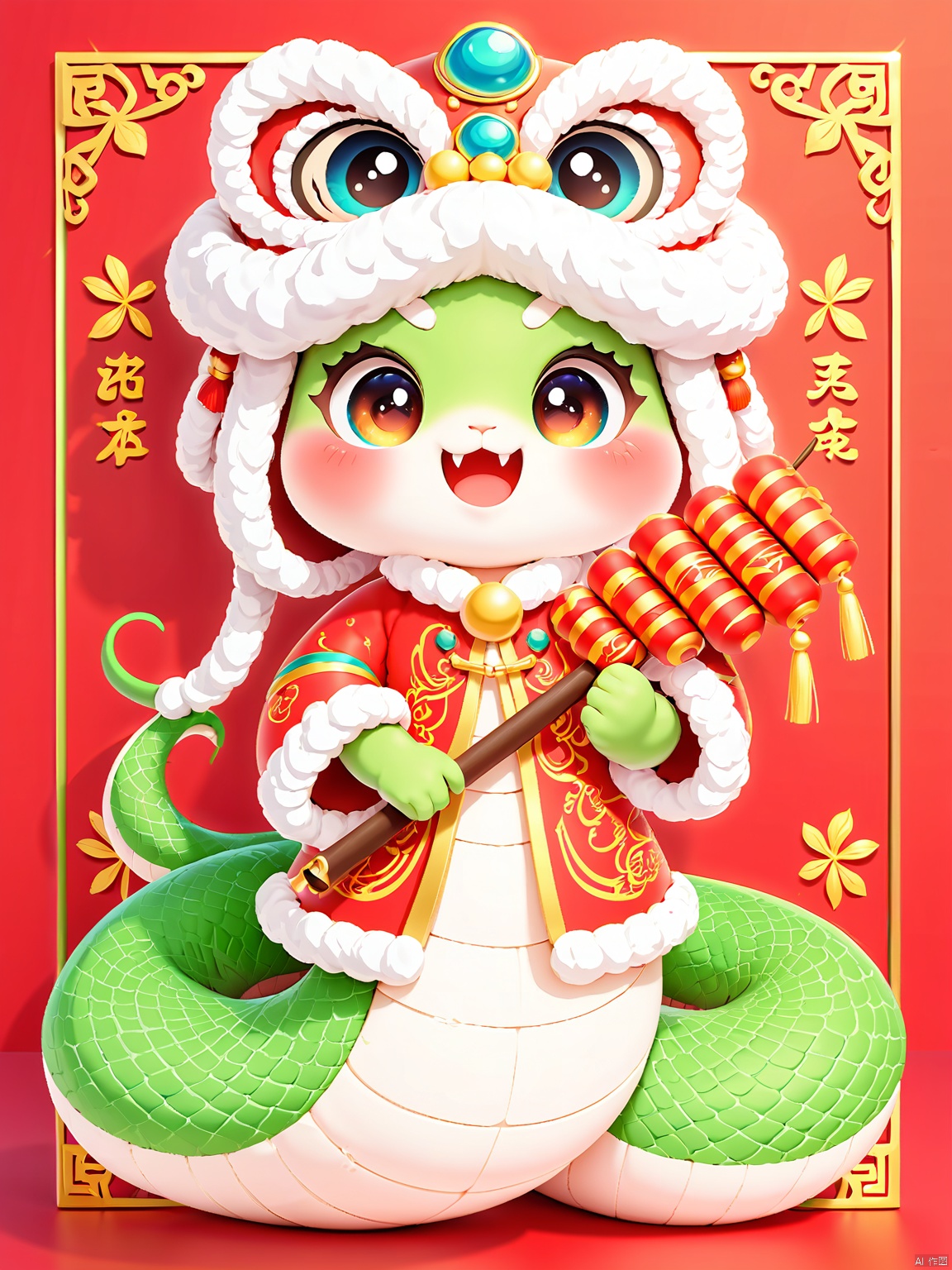 SNIP, The background is white, This is a green snake adorned in traditional Chinese dragon costume. The snake boasts large, expressive eyes and a wise countenance, holding a golden and blue fan in its left hand. The outfit features crimson fur trim, adorned with a gold and green pattern, complete with a sapphire dragonfly on it.