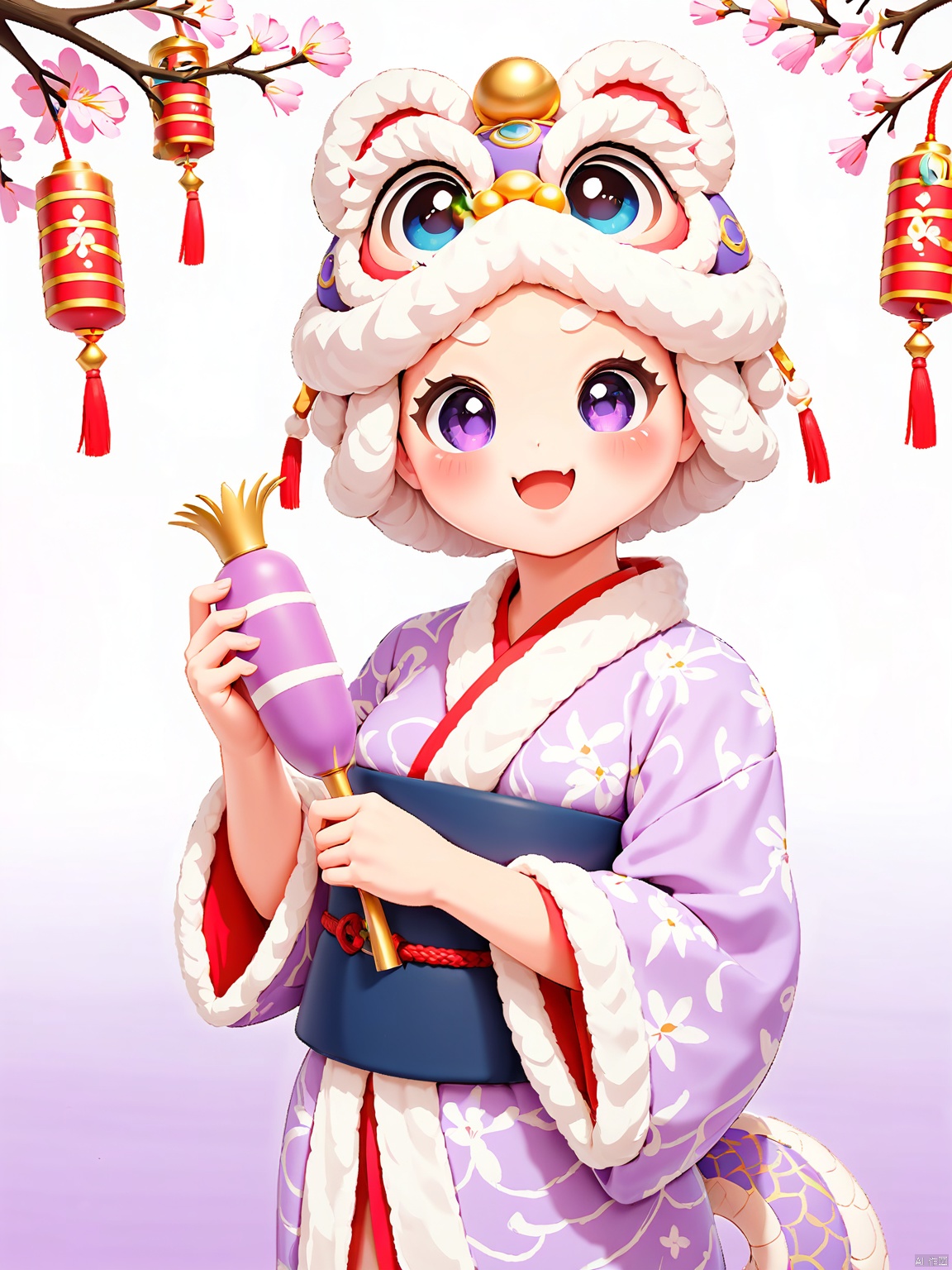 SNIP, The background is white, Here is a lavender snake wearing a traditional Japanese yukata. The snake has soft, dreamy eyes and a calm smile, clutching a delicate porcelain vase painted with cherry blossoms in its left hand. The yukata features navy blue sashes, and displays a lavender and gold wave pattern, complemented by white cranes.