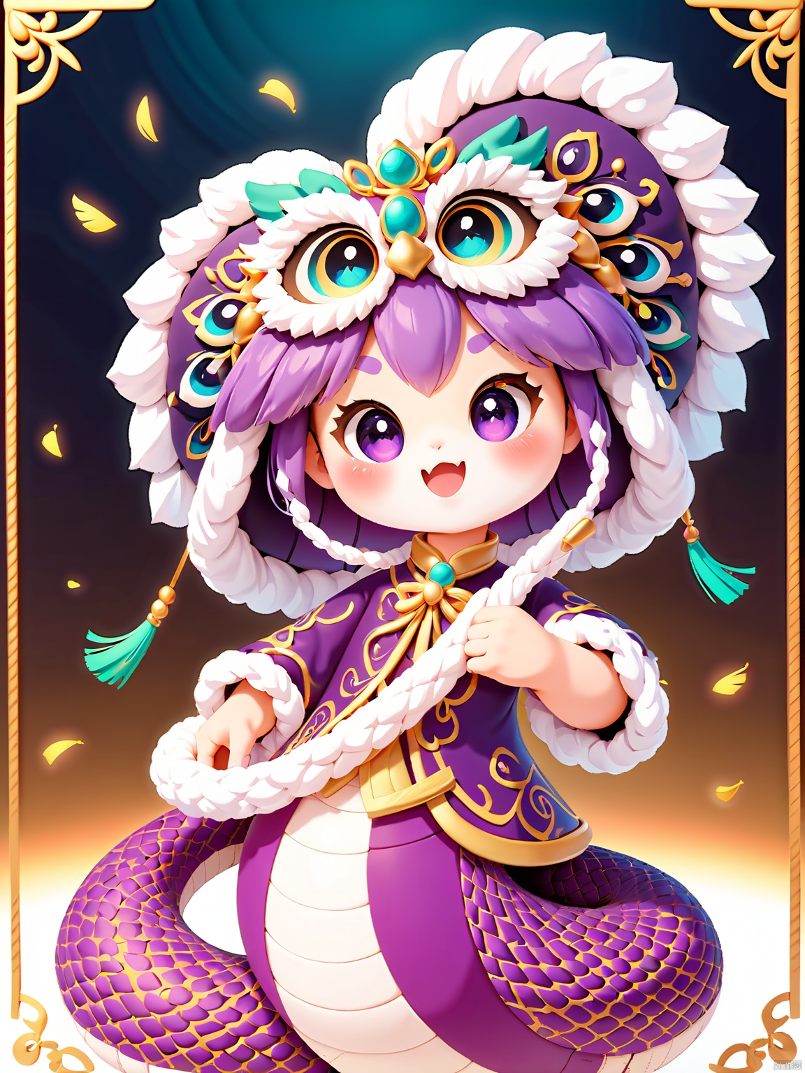 SNIP, The background is white, Here comes a purple snake dressed in an elegant peacock-inspired attire. The snake sports vivid, lively eyes and a serene expression, cradling a purple and silver feathered mask in its right hand. The ensemble is bordered with gold lace, and features a vibrant peacock feather design with turquoise accents.