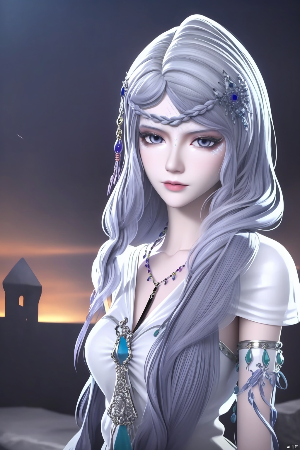 1girl, solo, long hair, looking at viewer, hair ornament, dress, jewelry, very long hair, braid, necklace, white dress, grey eyes, masterpiece,best quality,official art,extremely detailed CG unity 8k wallpaper,upper body,looking at viewer