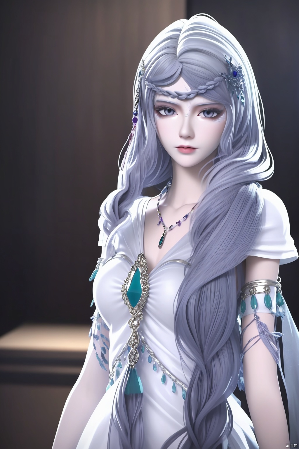 1girl, solo, long hair, looking at viewer, hair ornament, dress, jewelry, very long hair, braid, necklace, white dress, grey eyes, masterpiece,best quality,official art,extremely detailed CG unity 8k wallpaper,upper body,looking at viewer