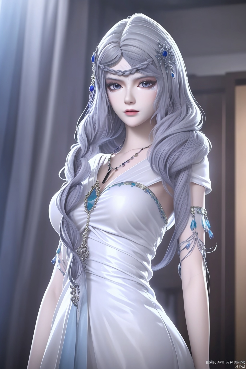 1girl, solo, long hair, looking at viewer, hair ornament, dress, jewelry, very long hair, braid, necklace, white dress, grey eyes, masterpiece,best quality,official art,extremely detailed CG unity 8k wallpaper,upper body,looking at viewer