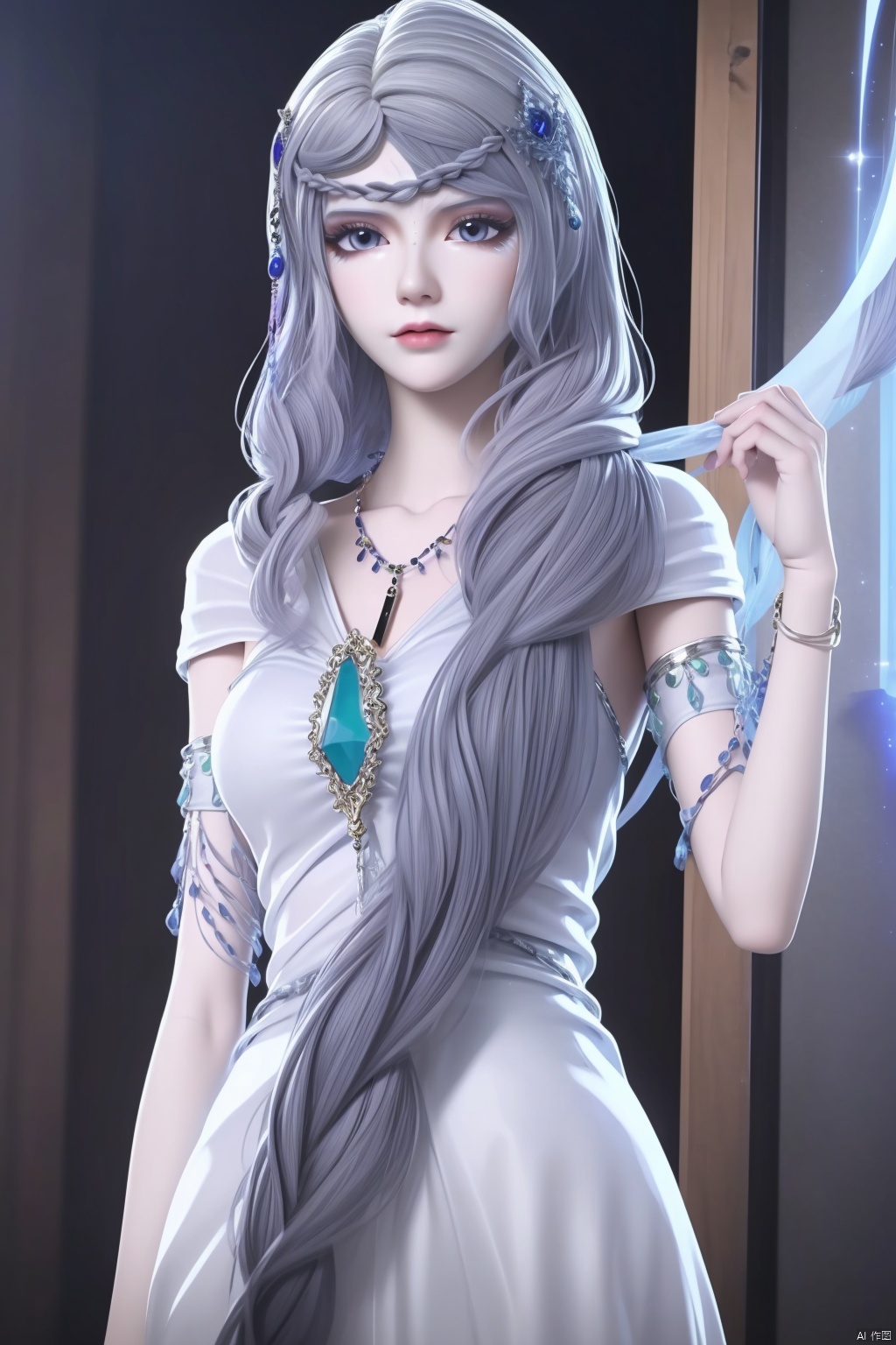 1girl, solo, long hair, looking at viewer, hair ornament, dress, jewelry, very long hair, braid, necklace, white dress, grey eyes, masterpiece,best quality,official art,extremely detailed CG unity 8k wallpaper,upper body,looking at viewer
