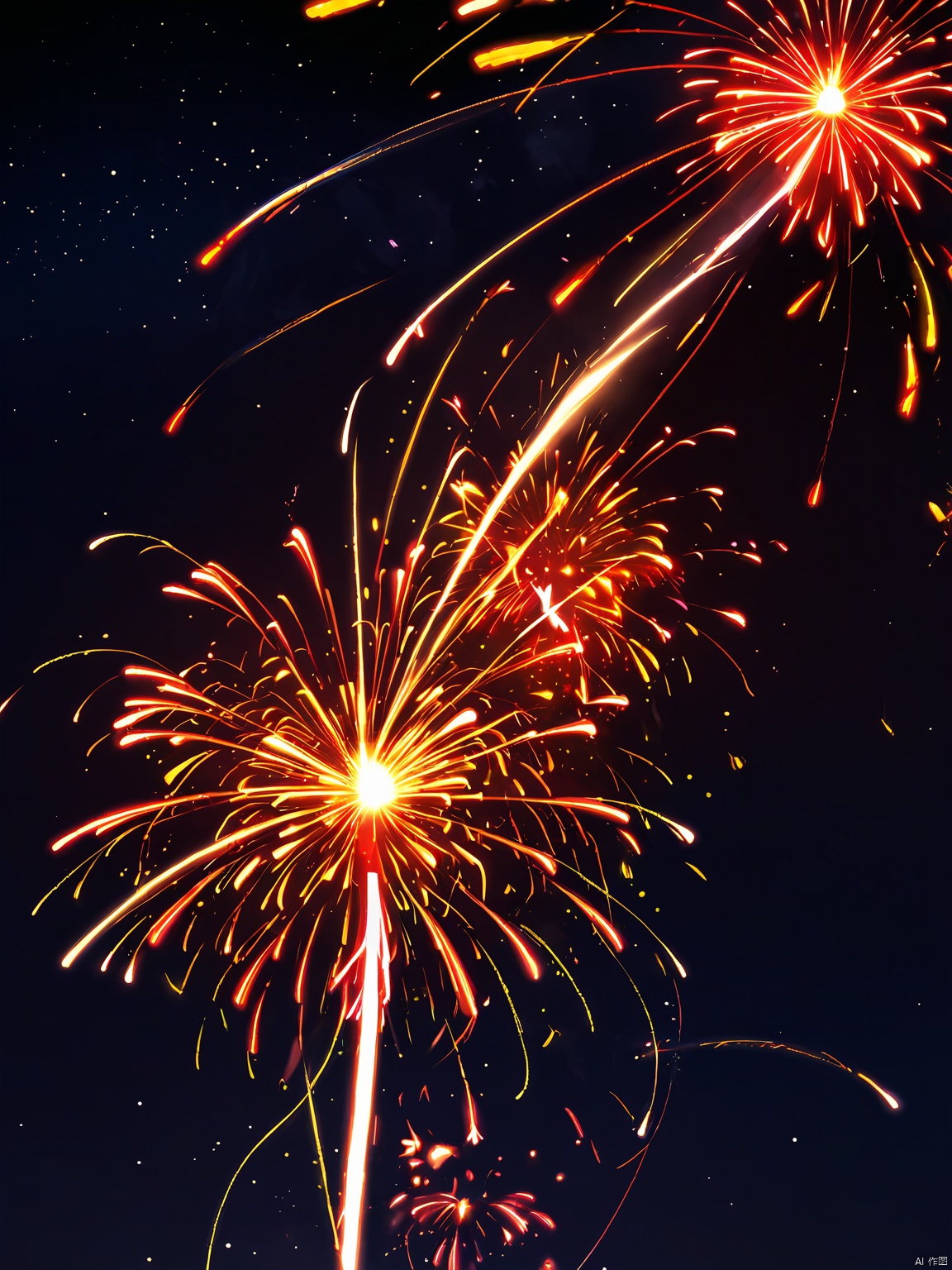 YHCH,The night sky was filled with colorful fireworks. The image captures the burst of red, yellow and white fireworks, accompanied by light trails that shoot up and out. In the background, the deep, dark sky contrasted with the bright, vivid colors of the fireworks,