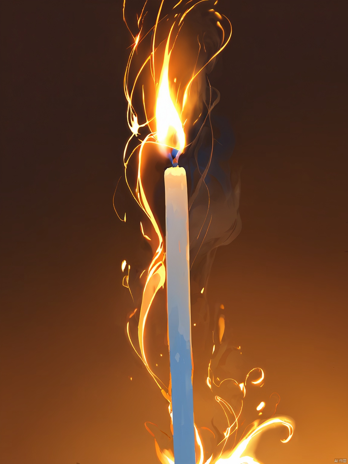 YHCH,A tall, thin candle with a bright white flame at the top, surrounded by swirling wisps of smoke and glowing embers. The background is dark warm brown, giving the image a sense of a comfortable environment. The candle has a blue wick, and the smoke and embers are different shades of orange and yellow, adding to the warm, glowing effect,