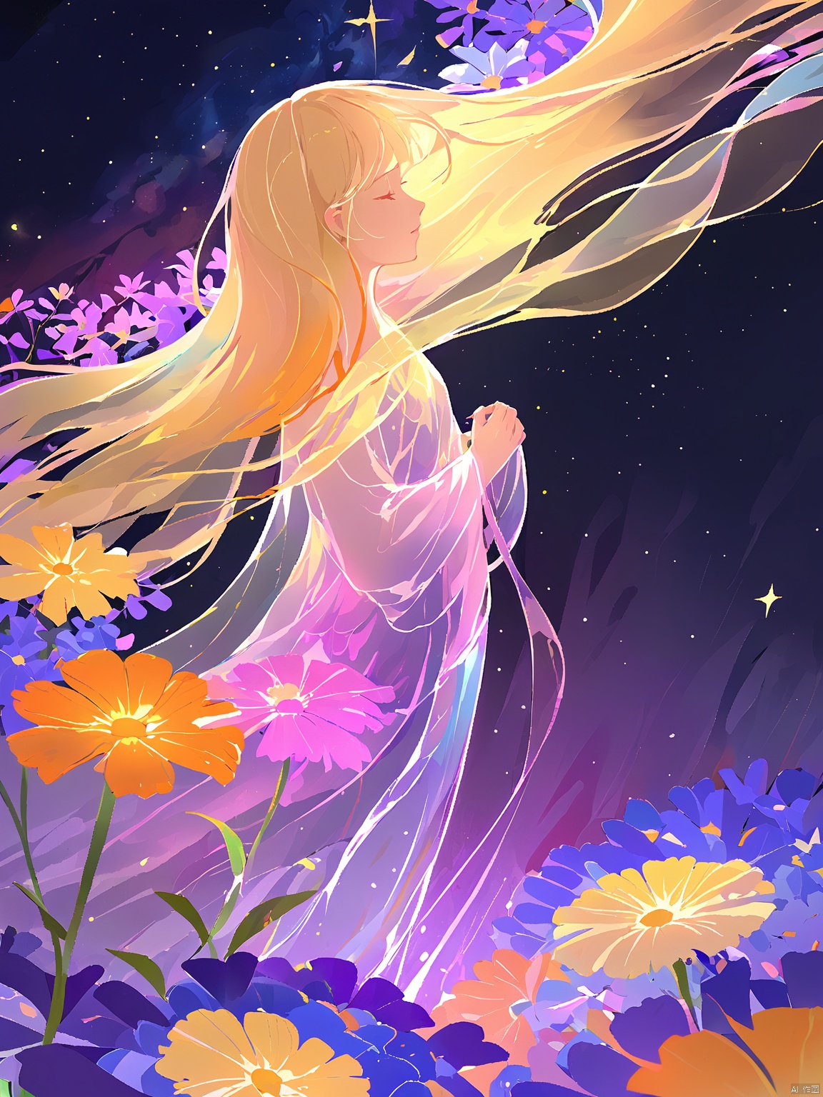 YHCH,It's a vibrant digital painting depicting a humanoid figure whose flowing, translucent, blond hair blends into a sea of colorful flowers. The background was a deep, starry night sky, with flowers in shades of purple, pink and orange,