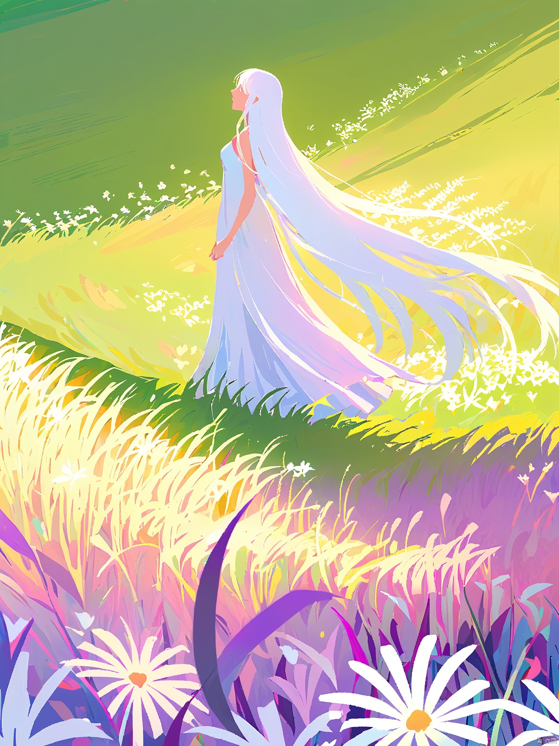 YHCH, a woman with long white hair, in a flowing white dress, stood in a field of tall, vibrant green grass and blooming white flowers. The background is a gradual shade of purple and pink,
