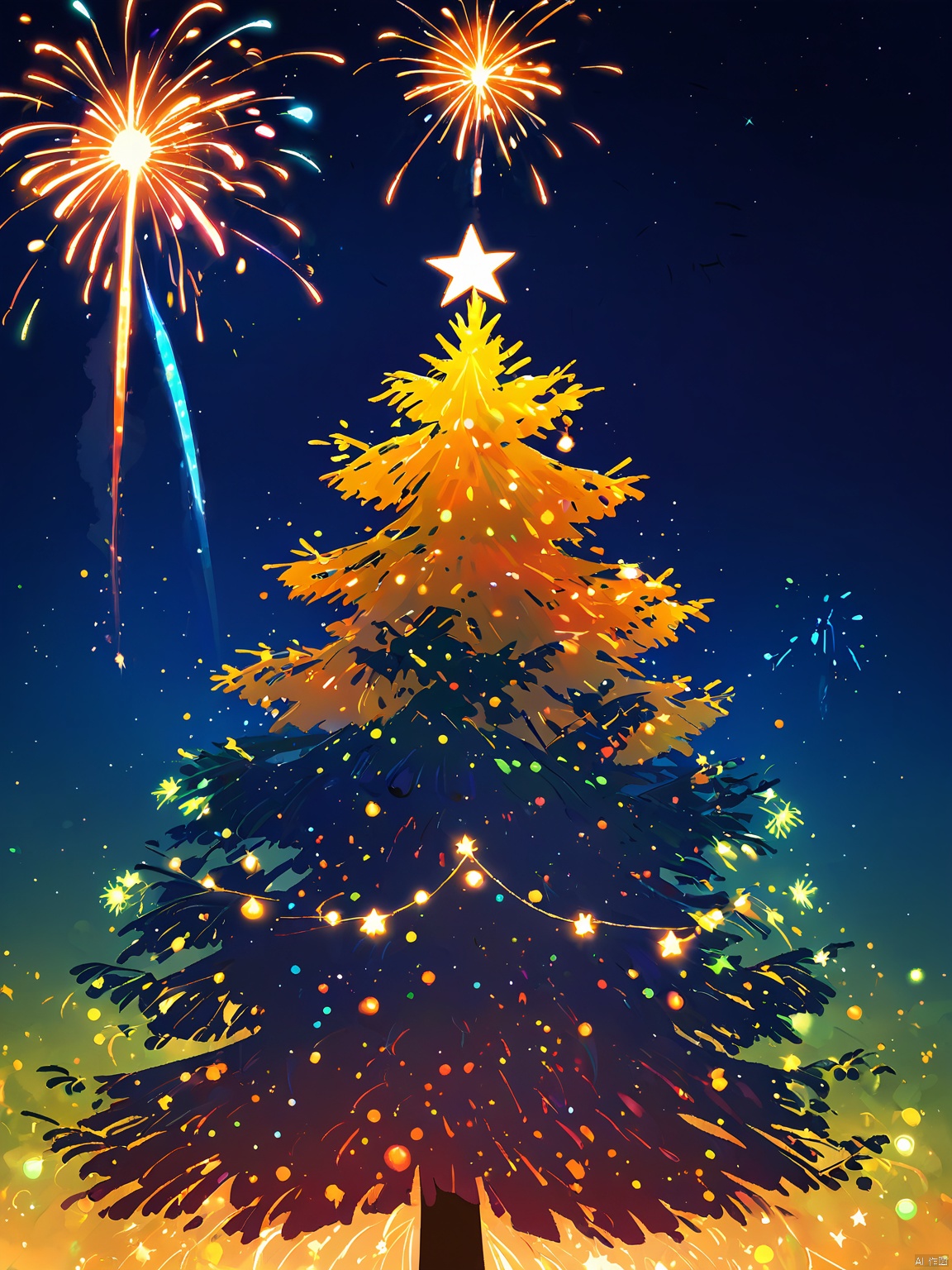 YHCH, a whimsical glowing tree at its center, has a warm gradient of tones from orange at the bottom to yellow and green at the top. The Christmas tree is surrounded by fireworks of various colors, red, blue, green and yellow, creating a festive atmosphere. The background is a deep blue night sky, interspersed with extra flashes and flickers,