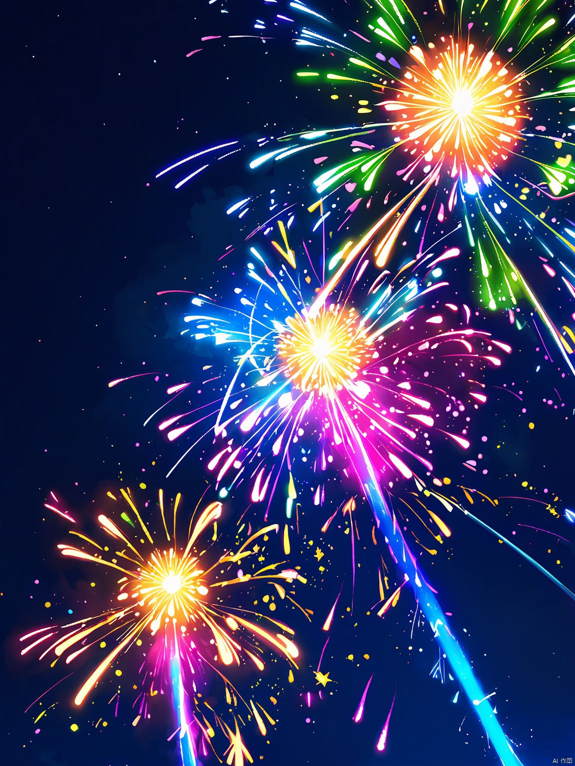 YHCH, featuring a dynamic explosion of colored fireworks in the night sky. The scene is filled with bright neon hues of blue, pink, yellow and green, with sparks and traces emanating from the center. The background is dark blue, which contrasts with the bright colors,