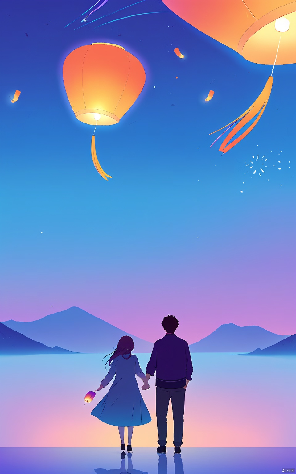 YDHB, illustration, flat poster with a minimalist illustration of a couple releasing sky lanterns. The backdrop is a gentle gradient of blues and purples, symbolizing wishes and dreams.