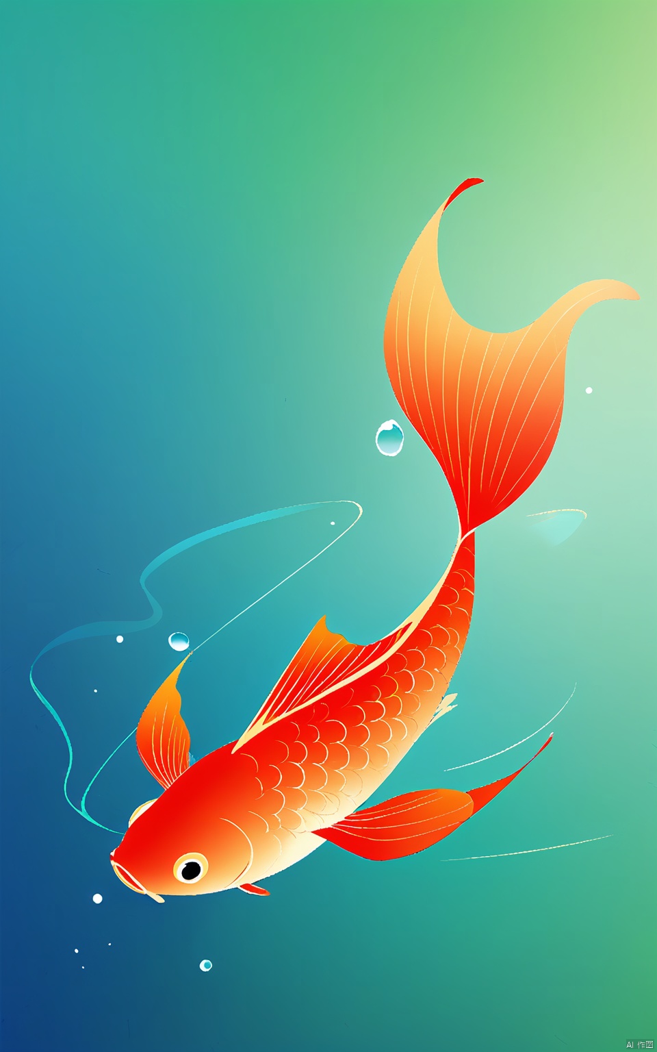 YDHB, illustration, poster depicting a stylized red and gold fish swimming in water on a gradient background of blues and greens. The design is serene and elegant.