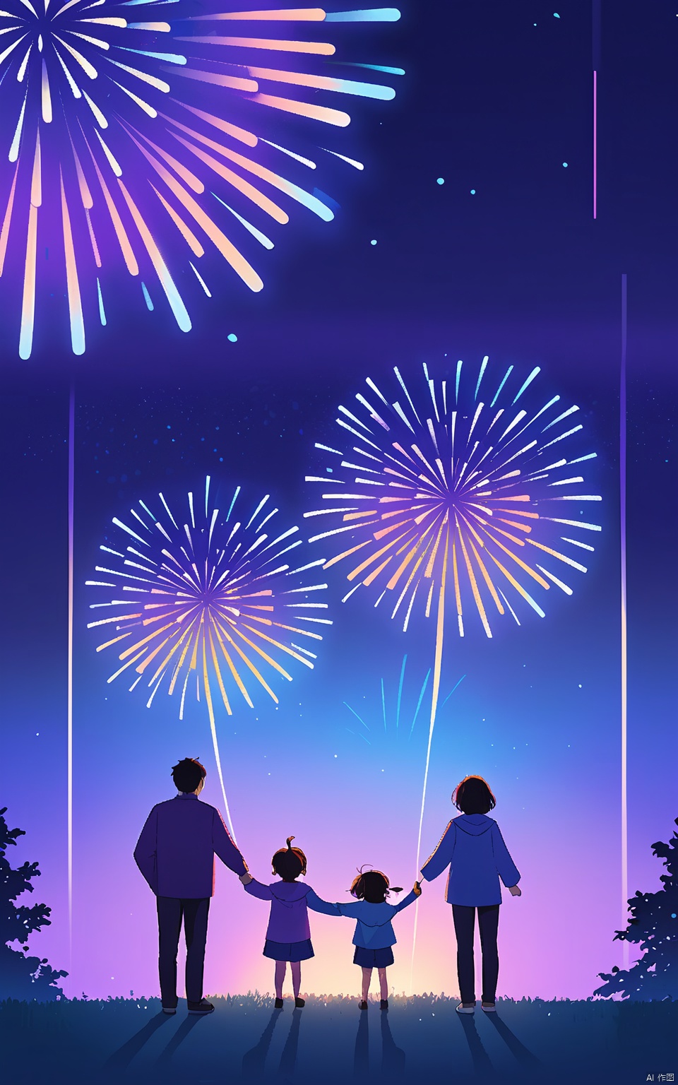 YDHB, illustration, flat poster showcasing a minimalist illustration of a family watching fireworks. The background is a dynamic gradient of blues and purples, underscoring the magic of the night.