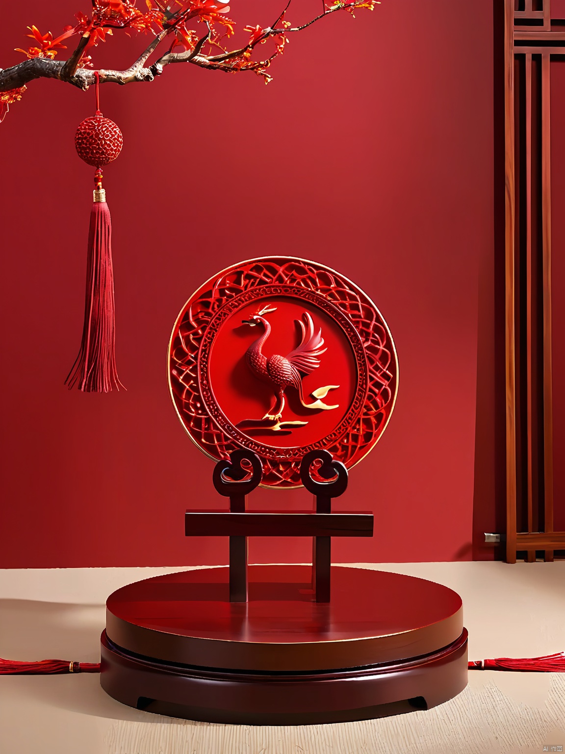 NHJ, E-commerce booth, Presented here is a mesmerizing image of an empty but refined display: a round, rosewood base with carved phoenix motifs sits on a pedestal adorned with red tassels. The backdrop is a deep, cherry red.