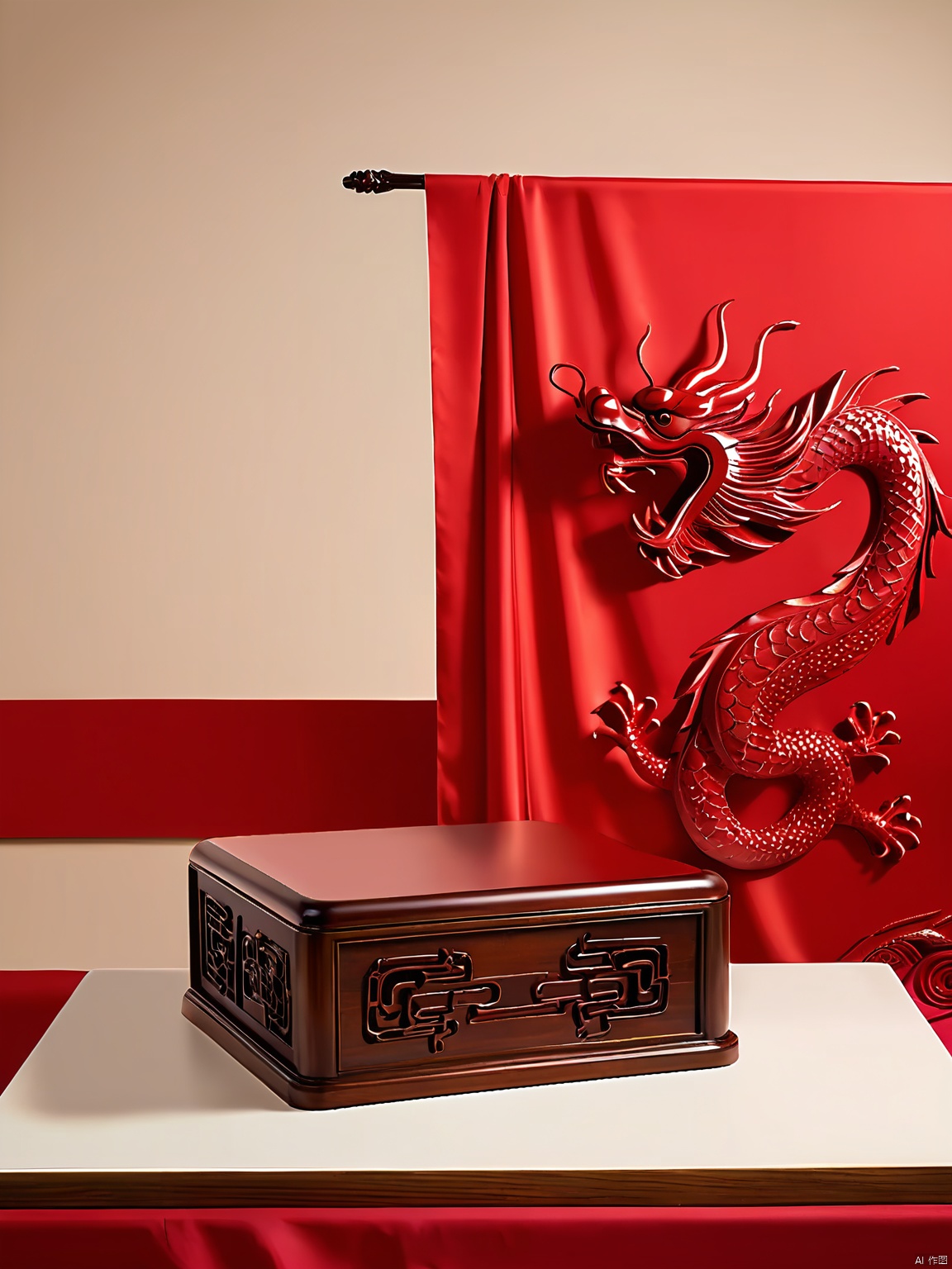 Presented by NHJ E-commerce booth, this photograph reveals an elegant, empty setup: a square, rosewood base with carved dragon motifs rests on a pedestal draped in red silk. The backdrop is a striking, cardinal red.