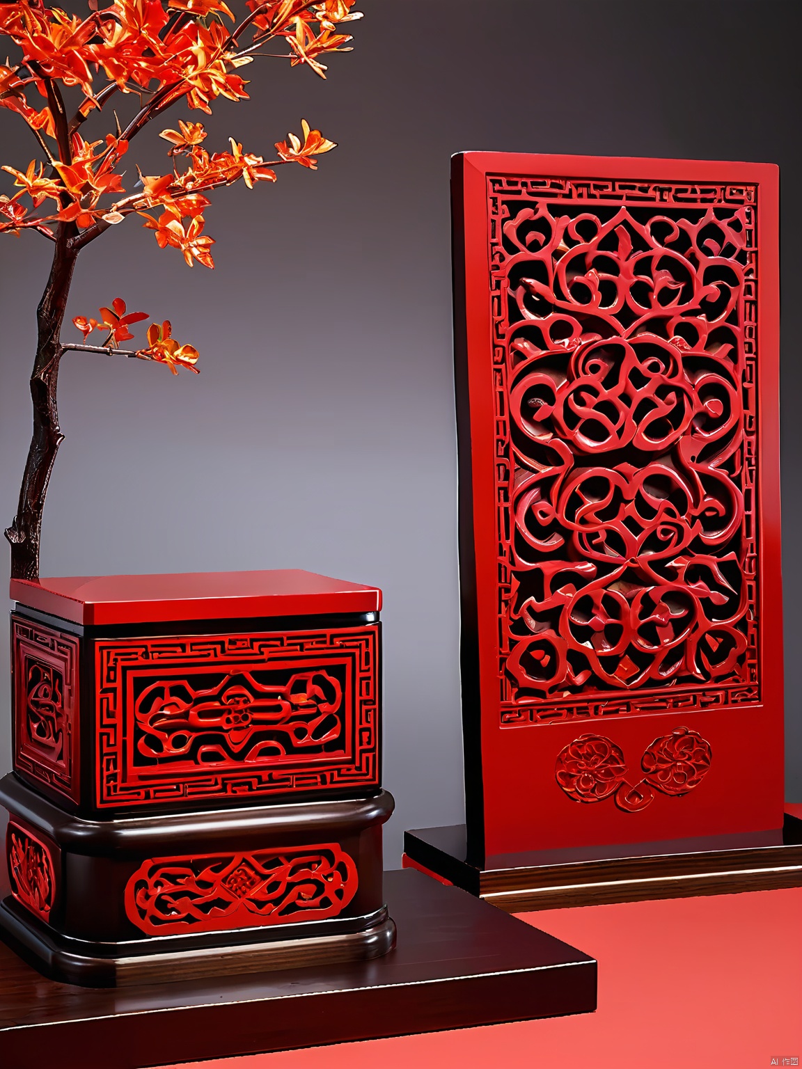 NHJ, E-commerce booth, Presented here is a mesmerizing image of an understated display: a rectangular, lacquered base in a dark wood finish stands on a pedestal adorned with intricate red carvings. The backdrop is a fiery hue of scarlet.