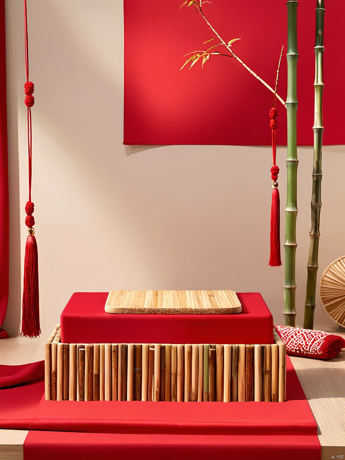A stunning visual from the NHJ E-commerce booth, this photograph showcases a minimalist, yet sophisticated setup: a square, bamboo base with natural grains and knots sits atop a pedestal adorned with red silk tassels. The backdrop is a vivid, scarlet red.