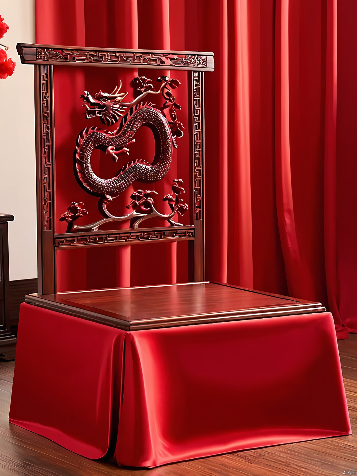 NHJ, E-commerce booth, this photograph reveals an elegant, empty setup: a square, rosewood base with carved dragon motifs rests on a pedestal draped in red silk. The backdrop is a striking, cardinal red.