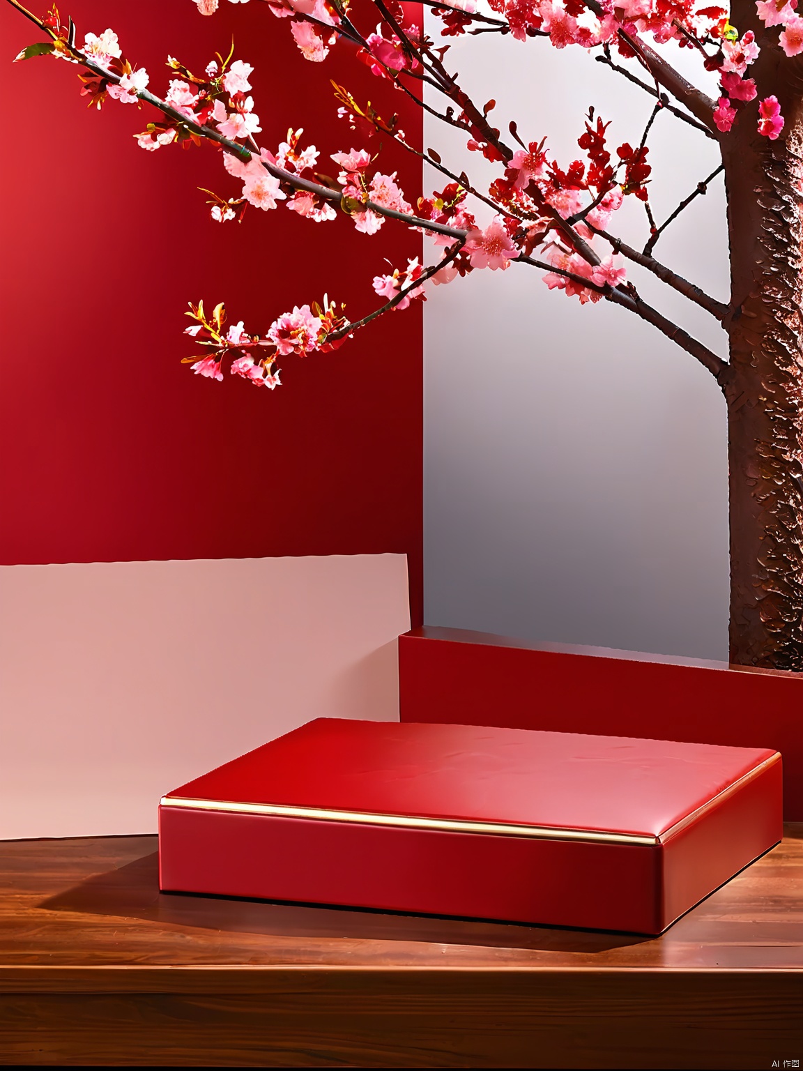NHJ's E-commerce booth showcases a mesmerizing photograph of a red leather-wrapped base, its rich patina adding depth, resting against a backdrop of luminous cherry blossom red.
