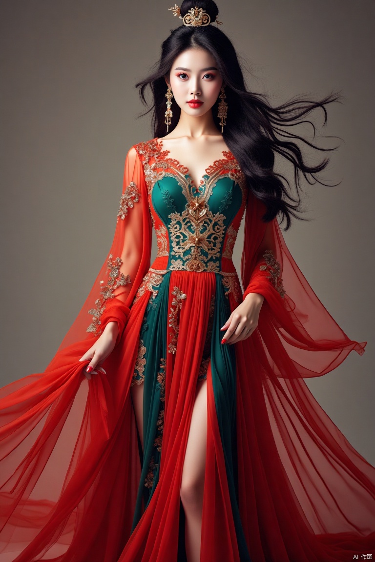 The Chinese beauties wore a mysterious semi-transparent and hollowed-out colored gauze skirt, with exquisite lace patterns inlaid, showing the perfect combination of oriental charm and modern sexiness. Her long black hair drooped gently, her eyes were gentle and confident, and her standing posture was elegant. High-definition photography, full body image, soft light and shadow, highlighting the outline of the character and the details of the clothing, 8K.,Stained glass mosaic,Ancient Han costume,A gauzy skirt