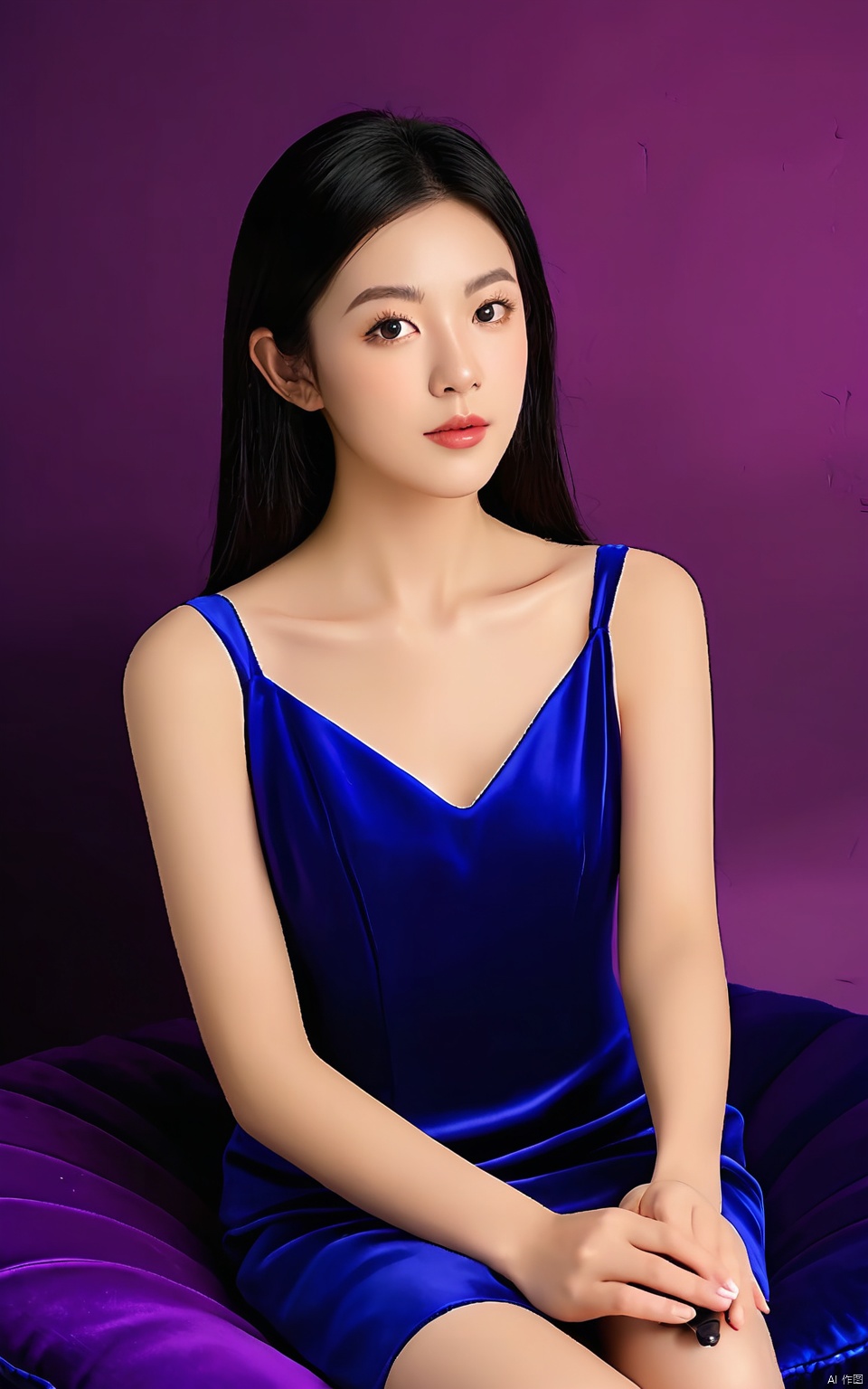 SCCP, Picture of a young woman with straight black hair, wearing a silk, royal blue dress, holding a foundation brush, seated on a velvet cushion against a deep purple background.