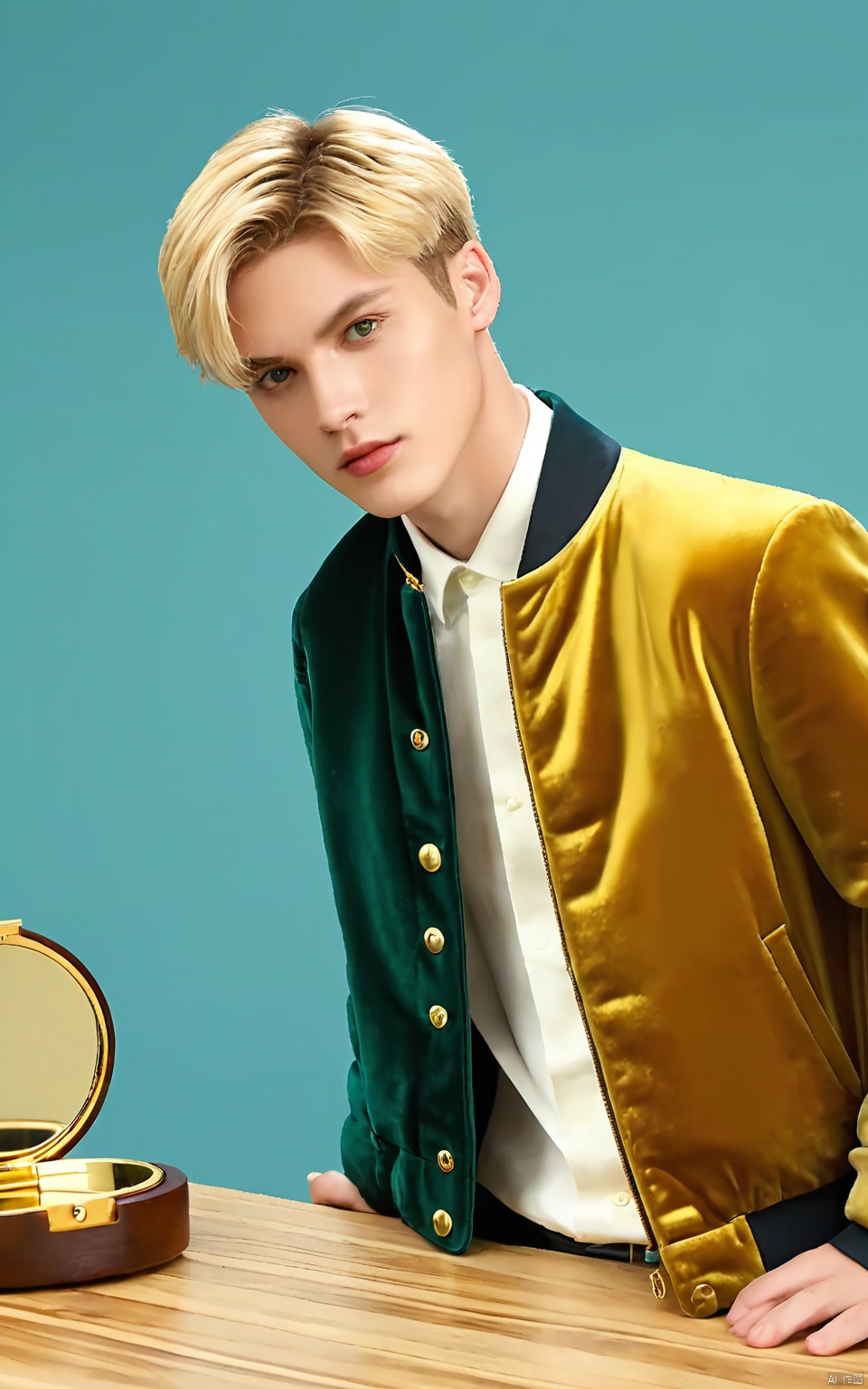 SCCP, Image of a young man with short blonde hair, dressed in a velvet, emerald green jacket, clutching a gold compact mirror, standing by a wooden table against a cool blue backdrop.