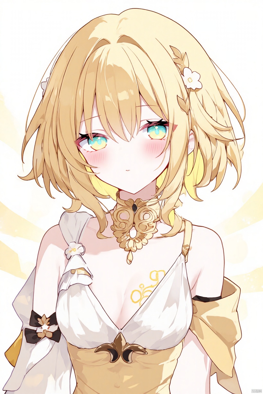 
1 girl, solo, breasts, bangs, short hair, dress, cleavage, hair ornament, green eyes, yellow hair,a-guraiya