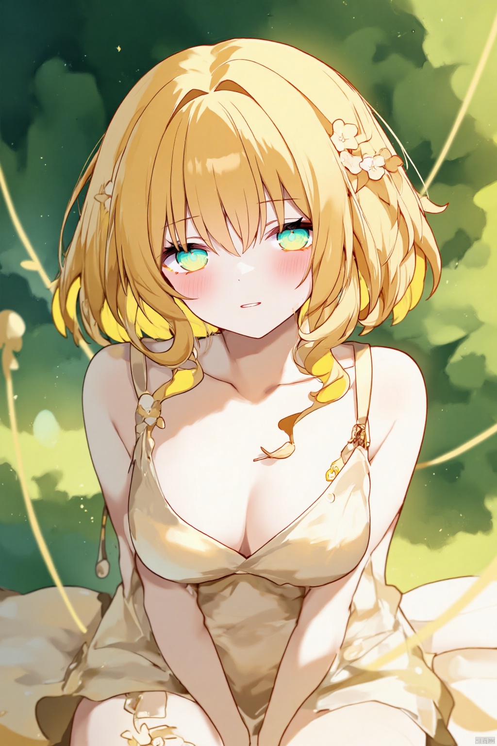 A young woman with striking yellow hair and bangs sits alone on a lush,  emerald-green background. Her bright green eyes s...