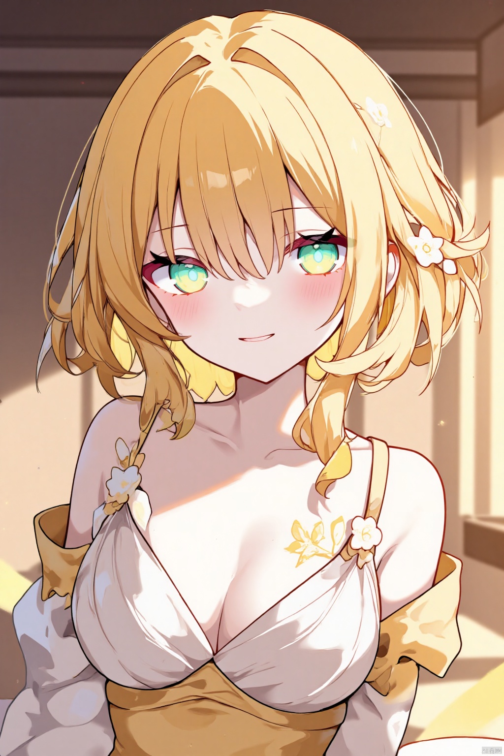 A young woman with short,  bright yellow hair and bangs framing her face,  gazes directly at the camera. She wears a form-...