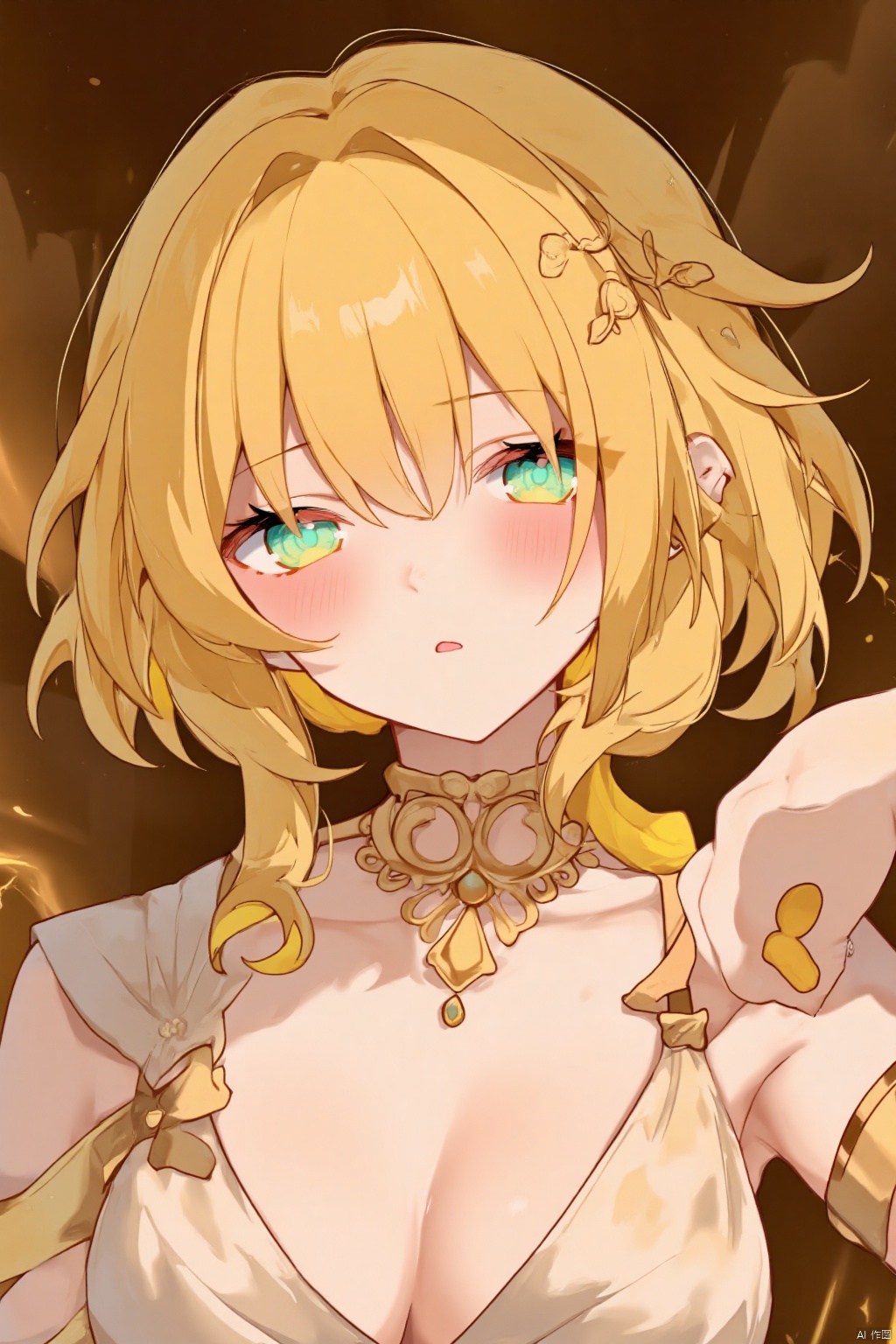 Close-up shot of a young woman with striking features: vibrant yellow hair styled in messy bangs,  short and sleek,  frami...