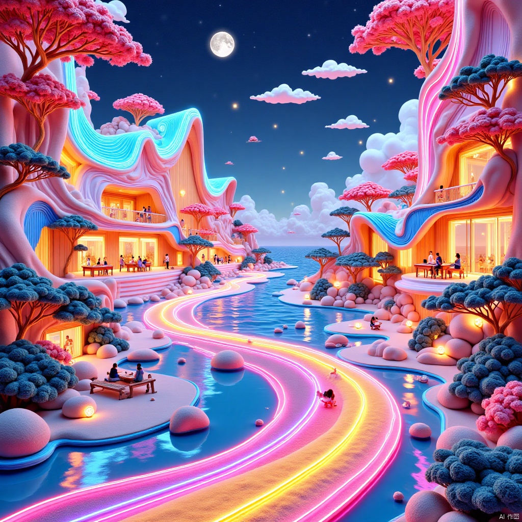 ,A gauzy skirt,Architectural landscape,Architectural landscape,In this architectural landscape rendering, the building adopts a dopamine color scheme, full of vitality and fun. The building serves as a beach party venue with a unique shape, resembling liquefied sand winding towards the sea. In an interwoven future city with alternating light and shadow, suspended neon lights intertwine with quantum mist.