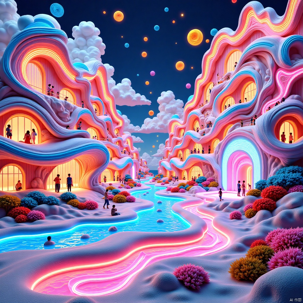 ,A gauzy skirt,Architectural landscape,Architectural landscape,In this architectural landscape rendering, the building adopts a dopamine color scheme, full of vitality and fun. The building serves as a beach party venue with a unique shape, resembling liquefied sand winding towards the sea. In an interwoven future city with alternating light and shadow, suspended neon lights intertwine with quantum mist.