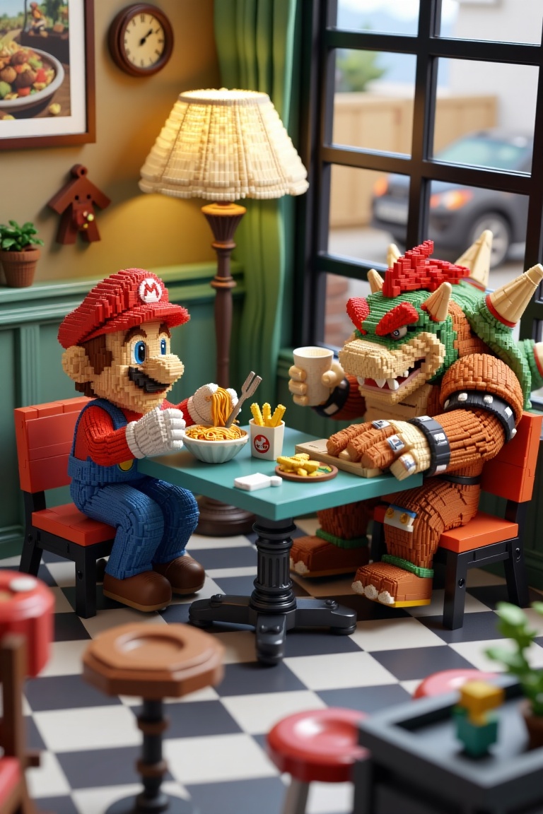 A voxel art 3D scene of Mario and Bowser sitting casually at a cozy café. They enjoy noodles and fries on the table,  rend...