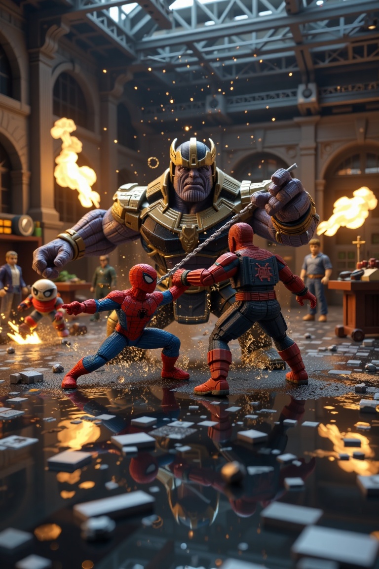 Create a voxel art scene where Thanos battles Spider-Man in a mirror dimension. The voxel art should be detailed and intri...
