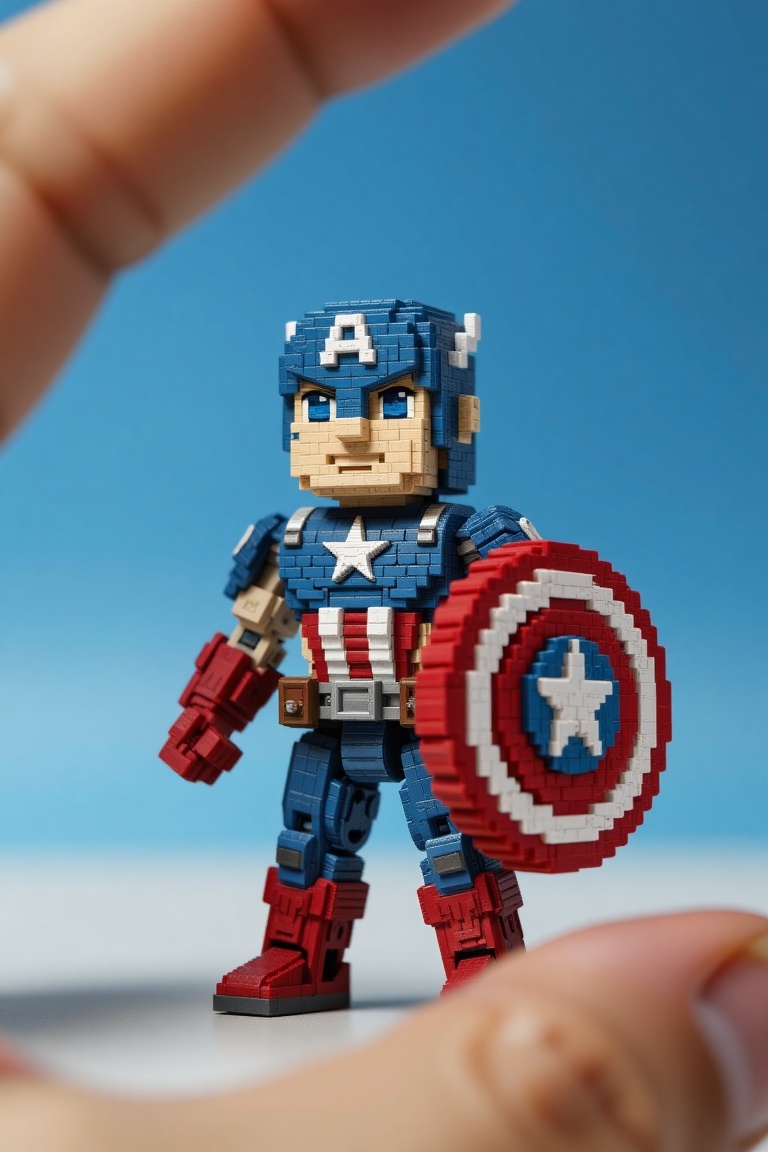 A voxel art-style toy of Captain America,  framed in a close-up shot,  showcasing his detailed pixelated armor and shield....