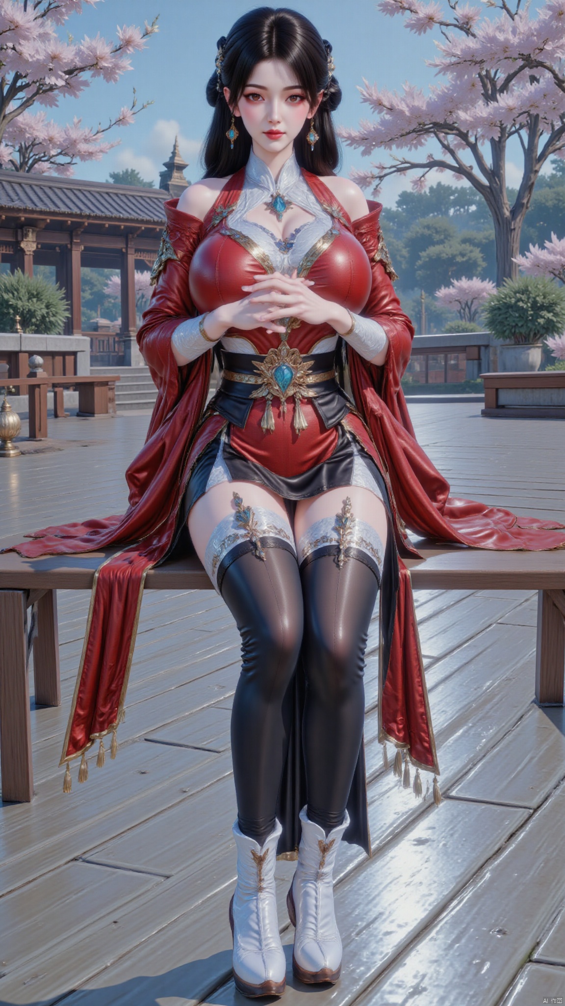 1girl,solo,sitting,crossing her hands,long hair,black hair,hair ornament,hair rings,hair bun,ponytail,double bun,bangs,thighhighs,jewelry,full body,earrings,boots,white thighhighs,white footwear,skirt,black skirt,hakama,hakama skirt,chinese clothes,dress,red dress,red long sleeves,red wide sleeves,canghaisz,HANFU DRESS.,Hugebr,changeR,luxueqi,huolinger,DTCchange,outdoors,tree,flowers,sunshine,yunying,狠人大帝,yunluo,lingluochen