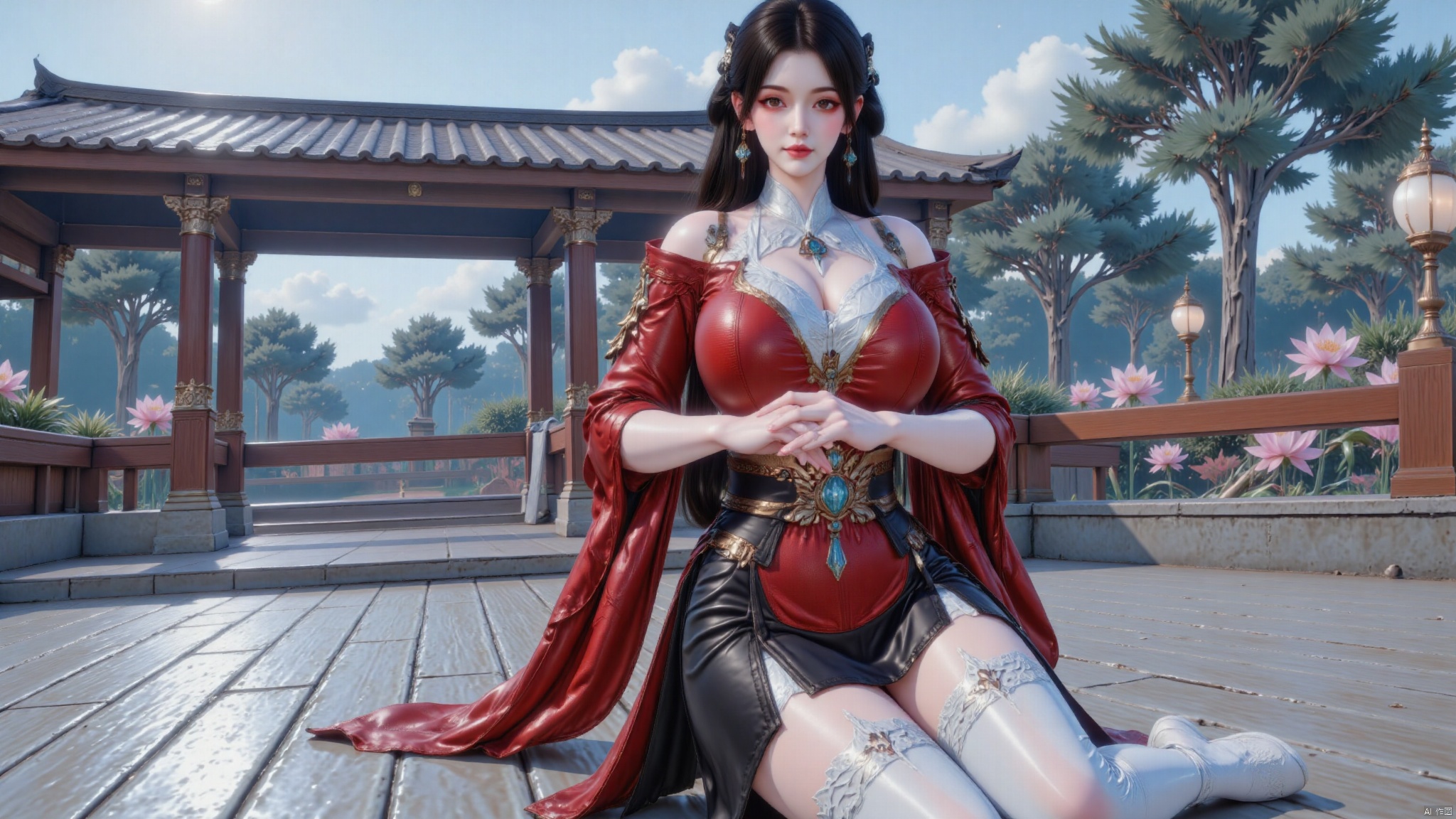 1girl,solo,sitting,crossing her hands,long hair,black hair,hair ornament,hair rings,hair bun,ponytail,double bun,bangs,thighhighs,jewelry,full body,earrings,boots,white thighhighs,white footwear,skirt,black skirt,hakama,hakama skirt,chinese clothes,dress,red dress,red long sleeves,red wide sleeves,canghaisz,HANFU DRESS.,Hugebr,changeR,luxueqi,huolinger,DTCchange,outdoors,tree,flowers,sunshine,yunying,狠人大帝,yunluo,lingluochen