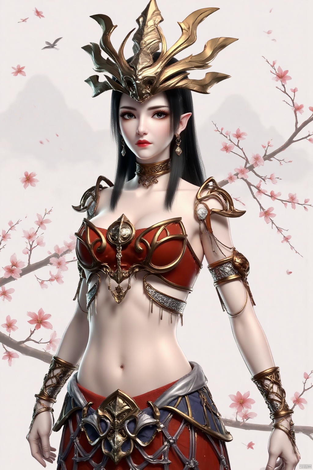  (masterpiece, best quality:1.4),finely detailed,1girl, solo, long hair, skirt, black hair, navel, jewelry, flower, earrings, pointy ears, midriff, red skirt, branch,MeiDuSha