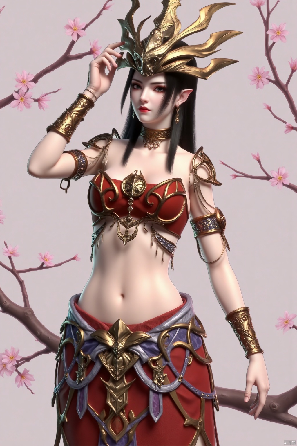  (masterpiece, best quality:1.4),finely detailed,1girl, solo, long hair, skirt, black hair, navel, jewelry, flower, earrings, pointy ears, midriff, red skirt, branch,MeiDuSha