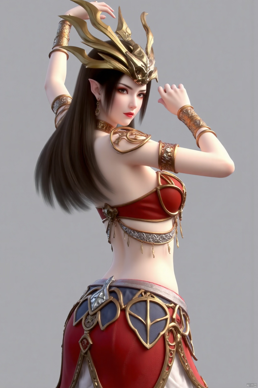  (masterpiece, best quality:1.4),finely detailed,1girl, solo, long hair, looking at viewer, skirt, brown hair, black hair, hair ornament, jewelry, earrings, pointy ears, looking back, red skirt, white skirt, dancing,MeiDuSha