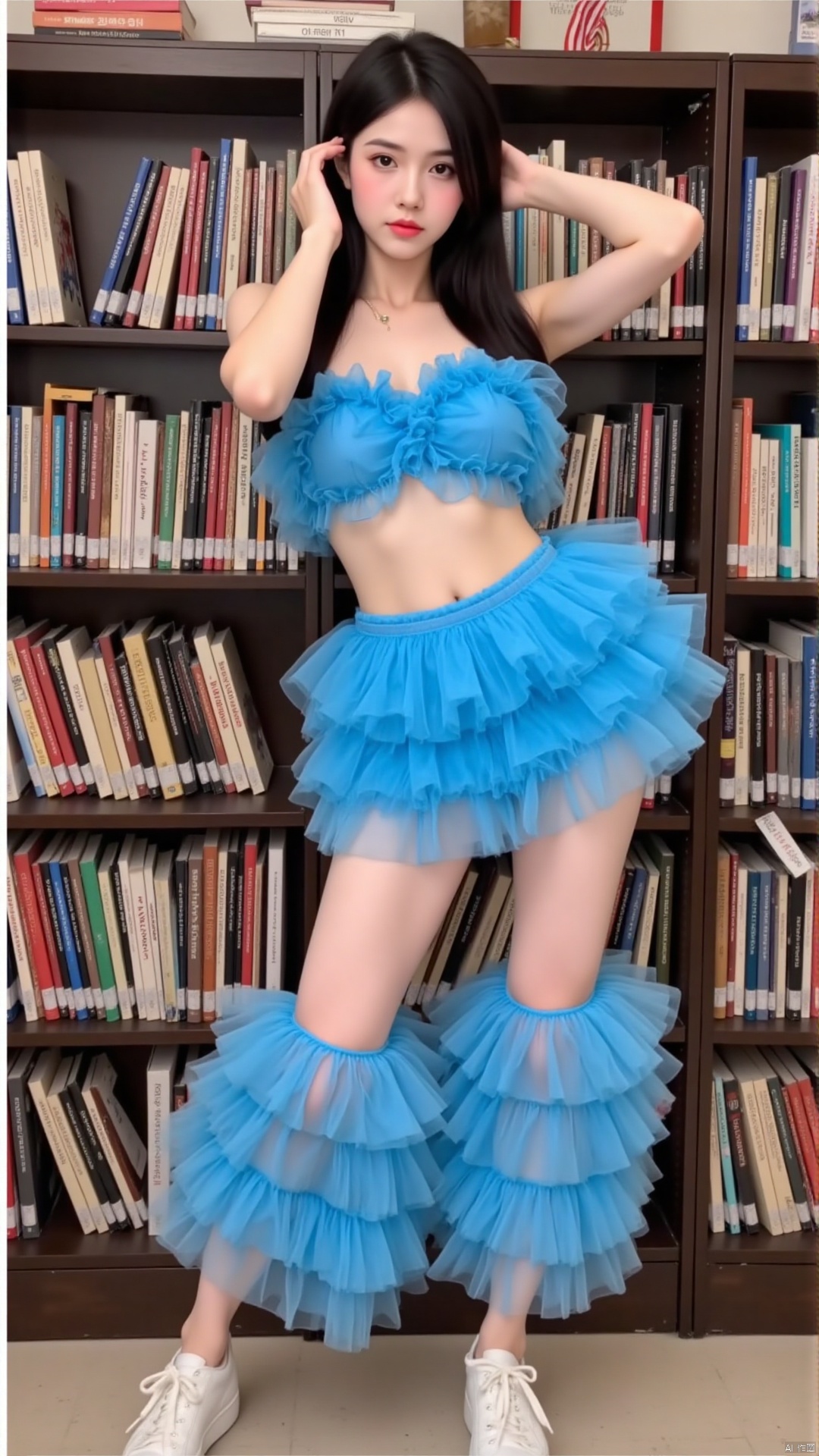 The image shows a young woman posing in front of a bookshelf. She is wearing a two-piece outfit consisting of a crop top and a skirt made of blue tulle. The top has a ruffled design and the skirt has multiple layers of ruffles cascading down the sides. The woman has long dark hair and is wearing white sneakers. She has her hands on her head and is looking directly at the camera with a serious expression.