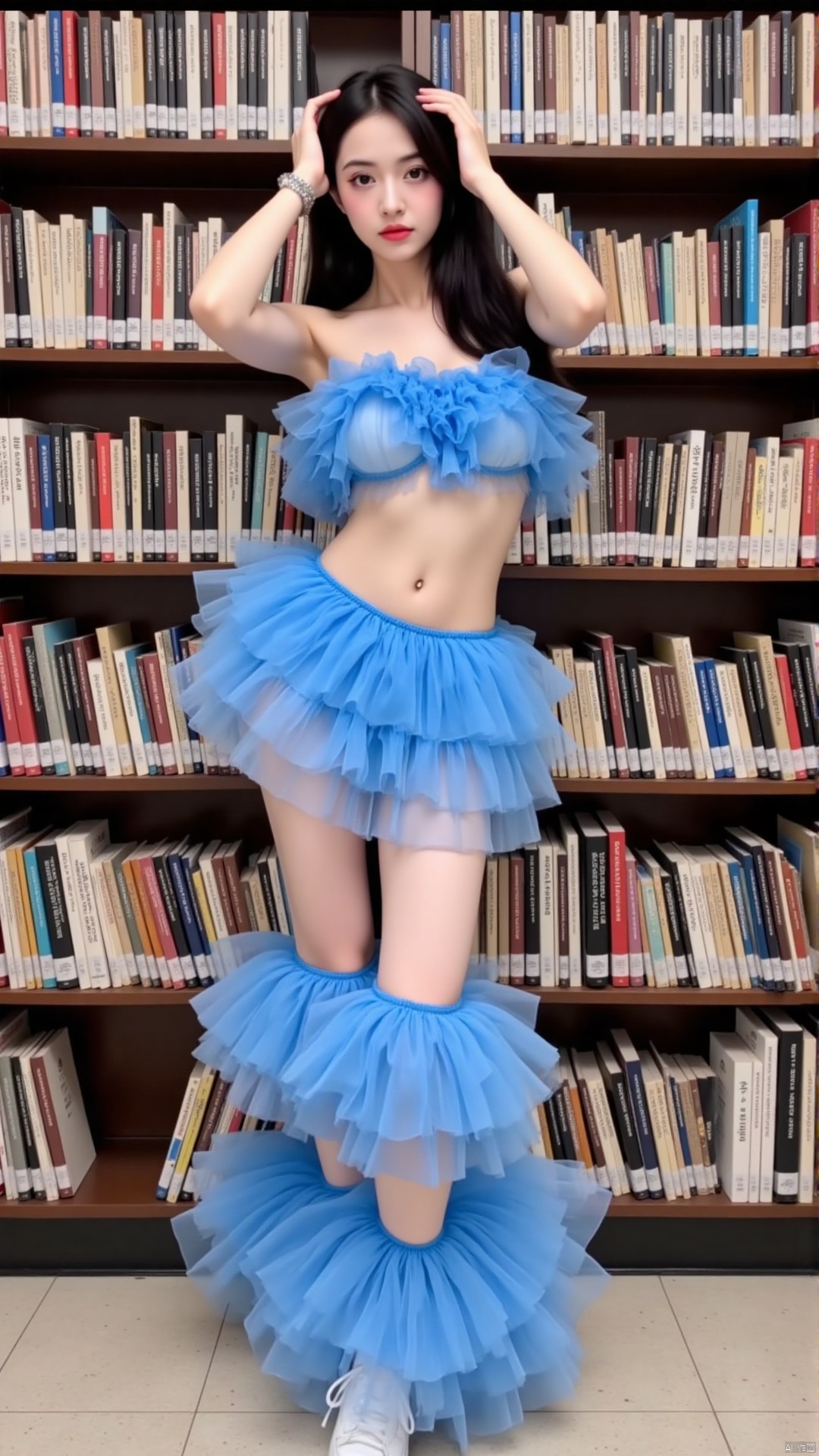 The image shows a young woman posing in front of a bookshelf. She is wearing a two-piece outfit consisting of a crop top and a skirt made of blue tulle. The top has a ruffled design and the skirt has multiple layers of ruffles cascading down the sides. The woman has long dark hair and is wearing white sneakers. She has her hands on her head and is looking directly at the camera with a serious expression.